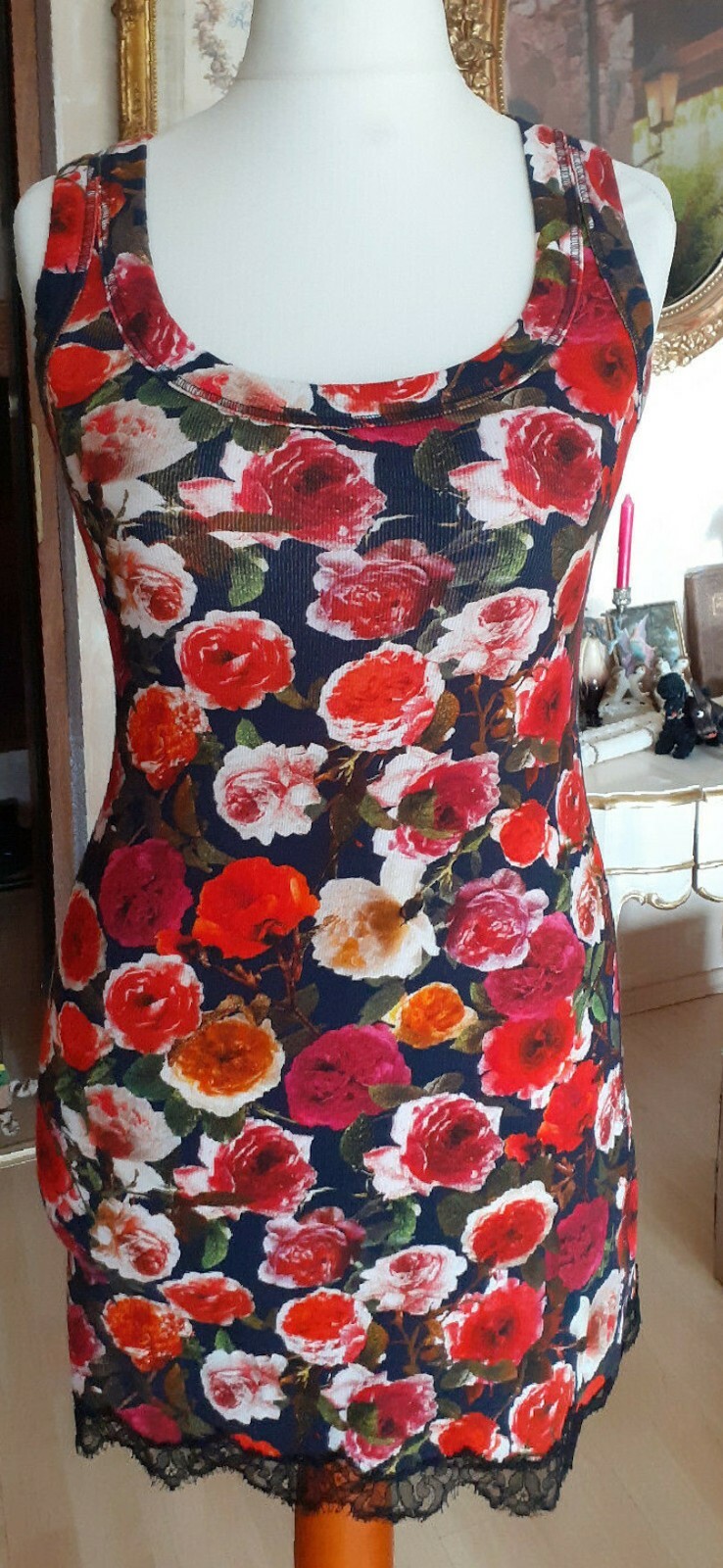 Summer dress N2 floral lace Marc Cain 36 black red roses shirt dress dress