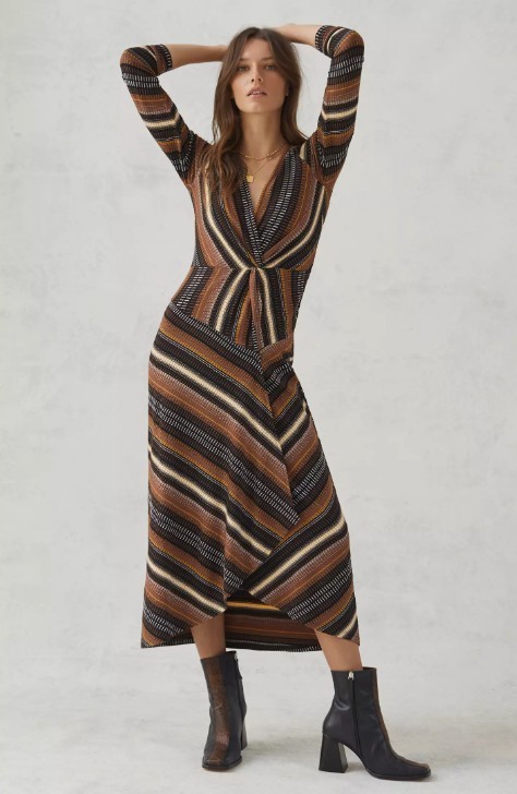 Maeve Striped Wrap Midi Dress XS Textured Brown Black Gold 70s Mod Anthropologie