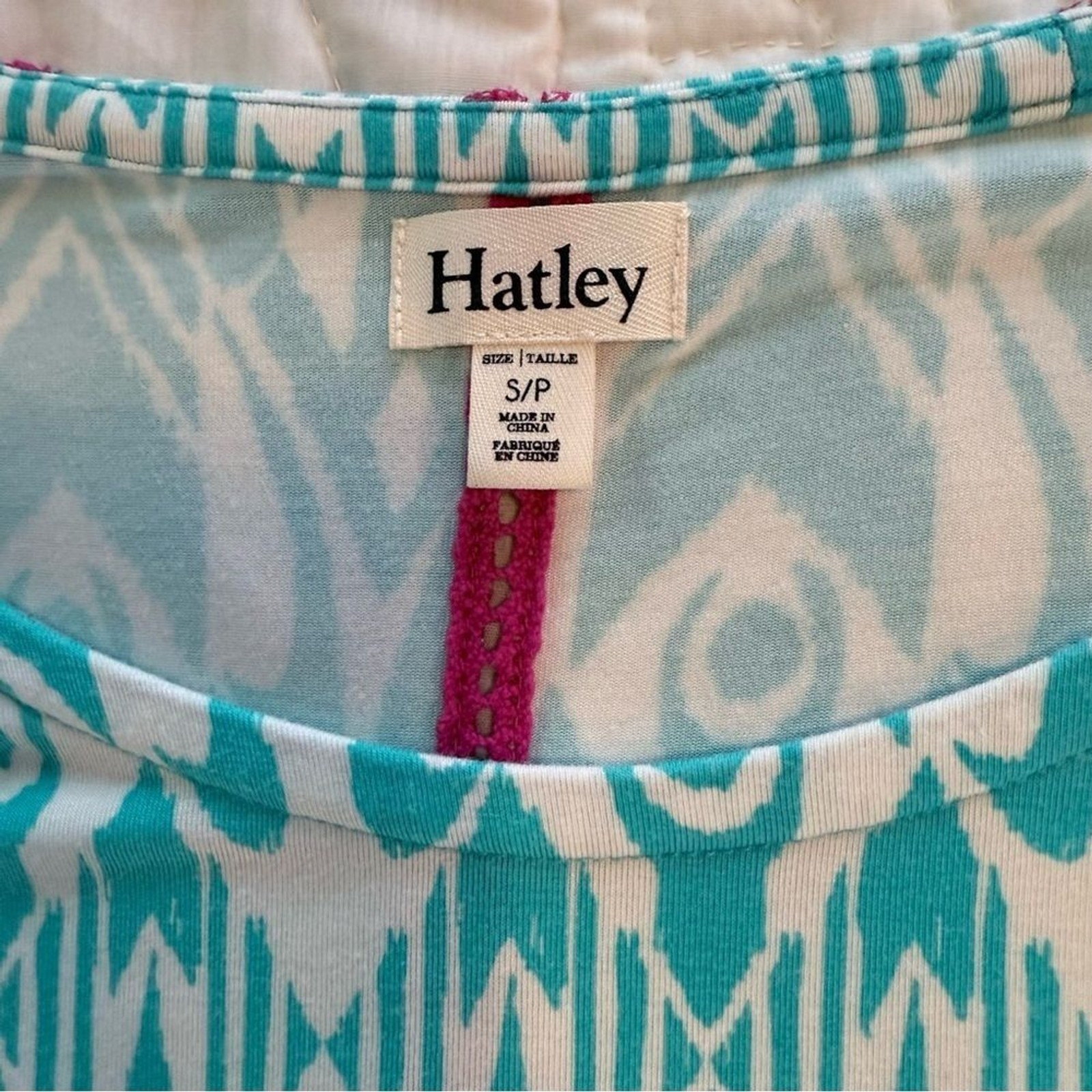 Hatley Teal White Patterned Drop Waist Dress Pink Accent Small