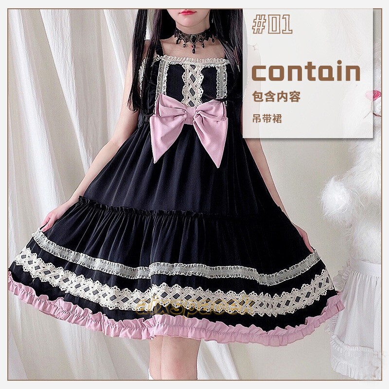 Japanese Gothic Lolita Girls Bow JSK A-Line Dress Sleeveless Sweet Cosplay Dress