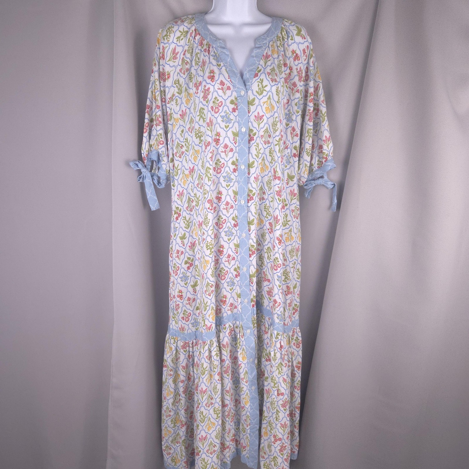 Cactus and Pearl XL White Floral Maxi Shirt Dress Coastal Boho Garden Party