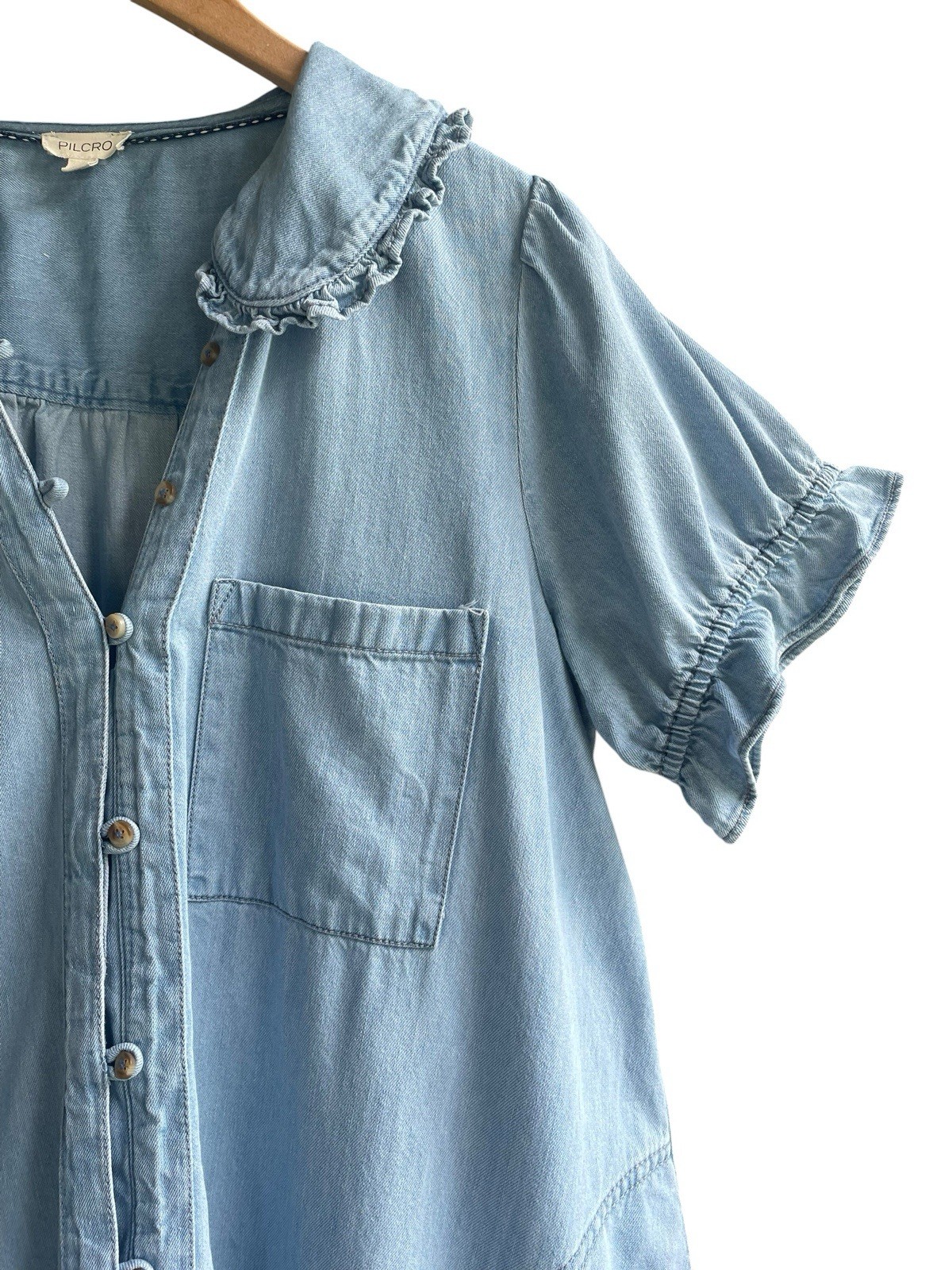Anthropologie Pilcro Keira Denim Mini Dress Size L Babydoll Tiered ShirtDress