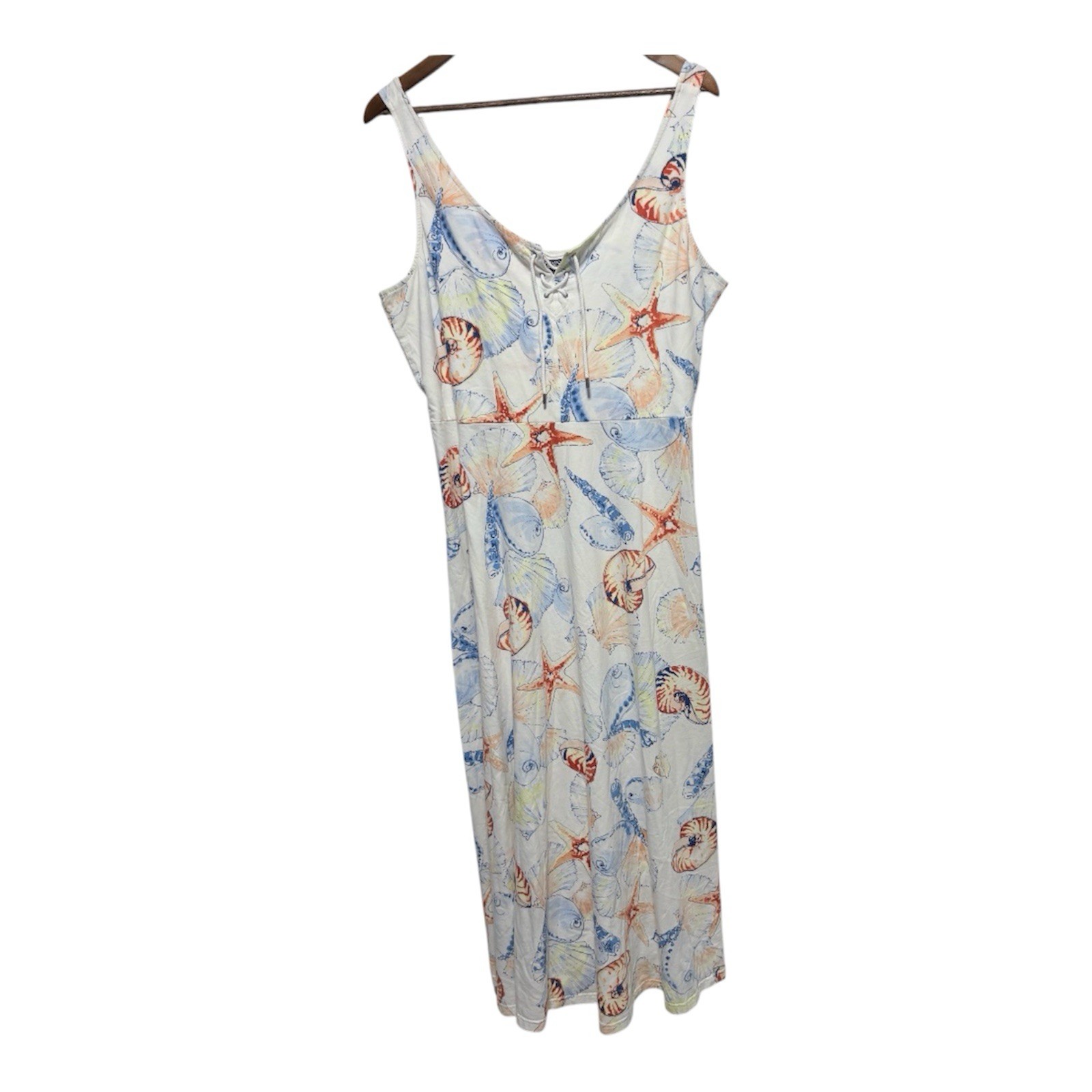 CHAPS Dress Womens XL Beach Ocean Print Sleeveless Midi Tie Front Sundress