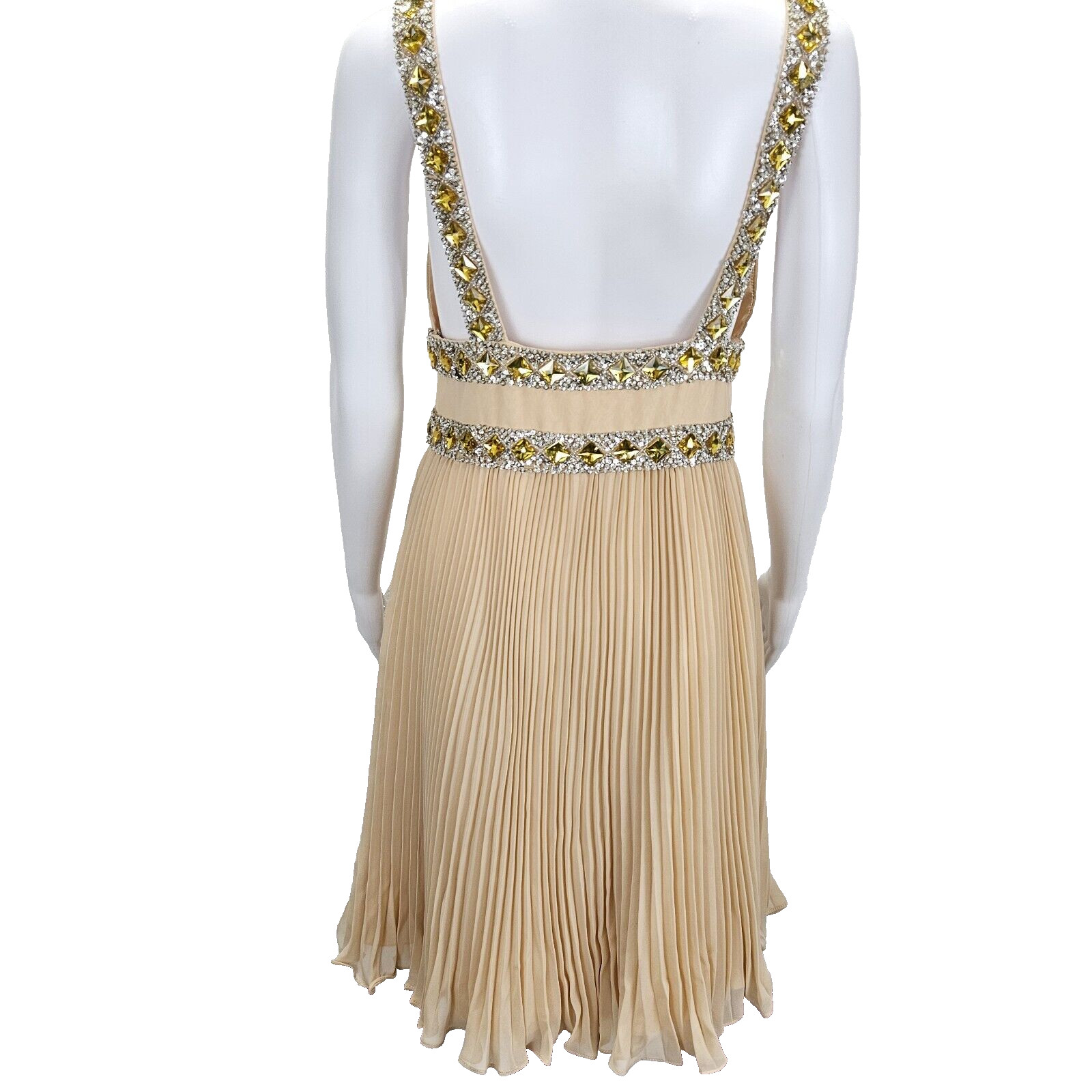 Basix Black Label Dress 6 Beige Pleated Rhinestone Cocktail Evening Prom