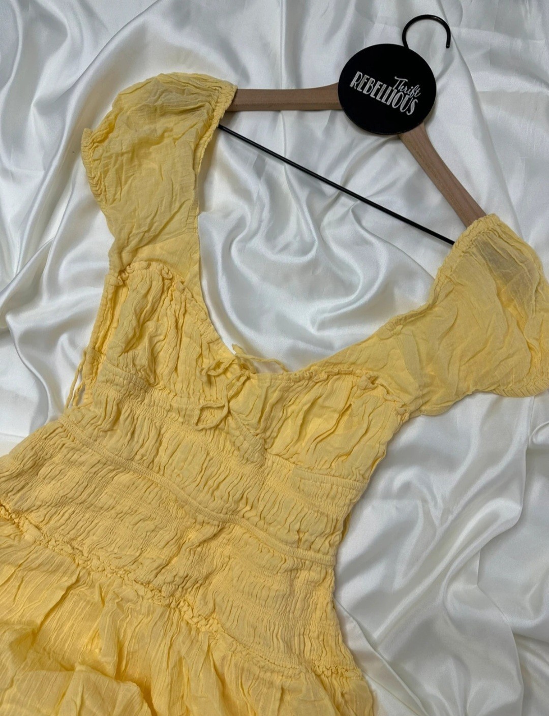 Free People Yellow Solid Square Neck Backless Smocked Puff Sleeve Midi P