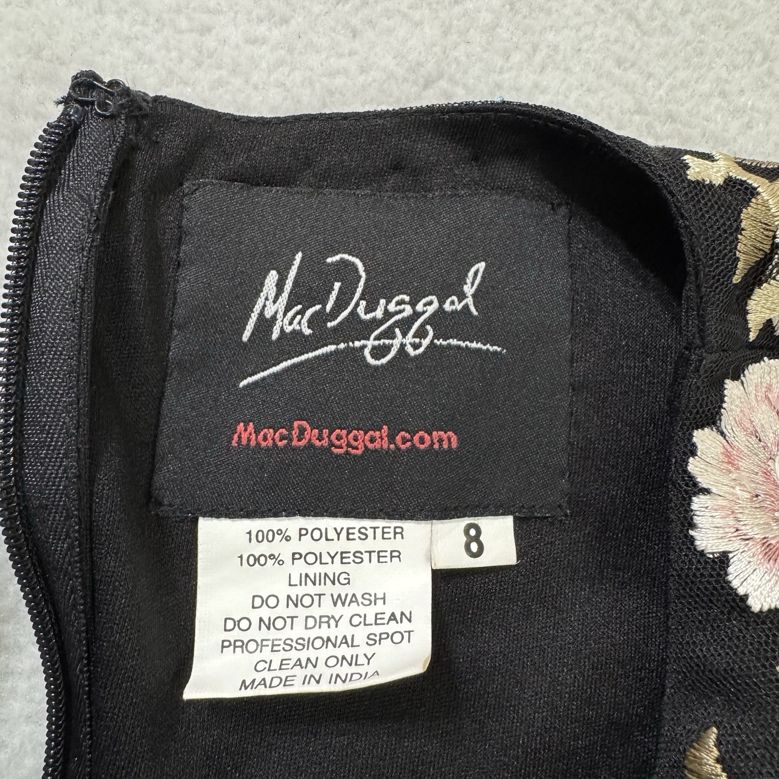 Mac Duggal 35111 Embroidered Floral Gown Black Long Bishop Sleeve Size 8 NWT