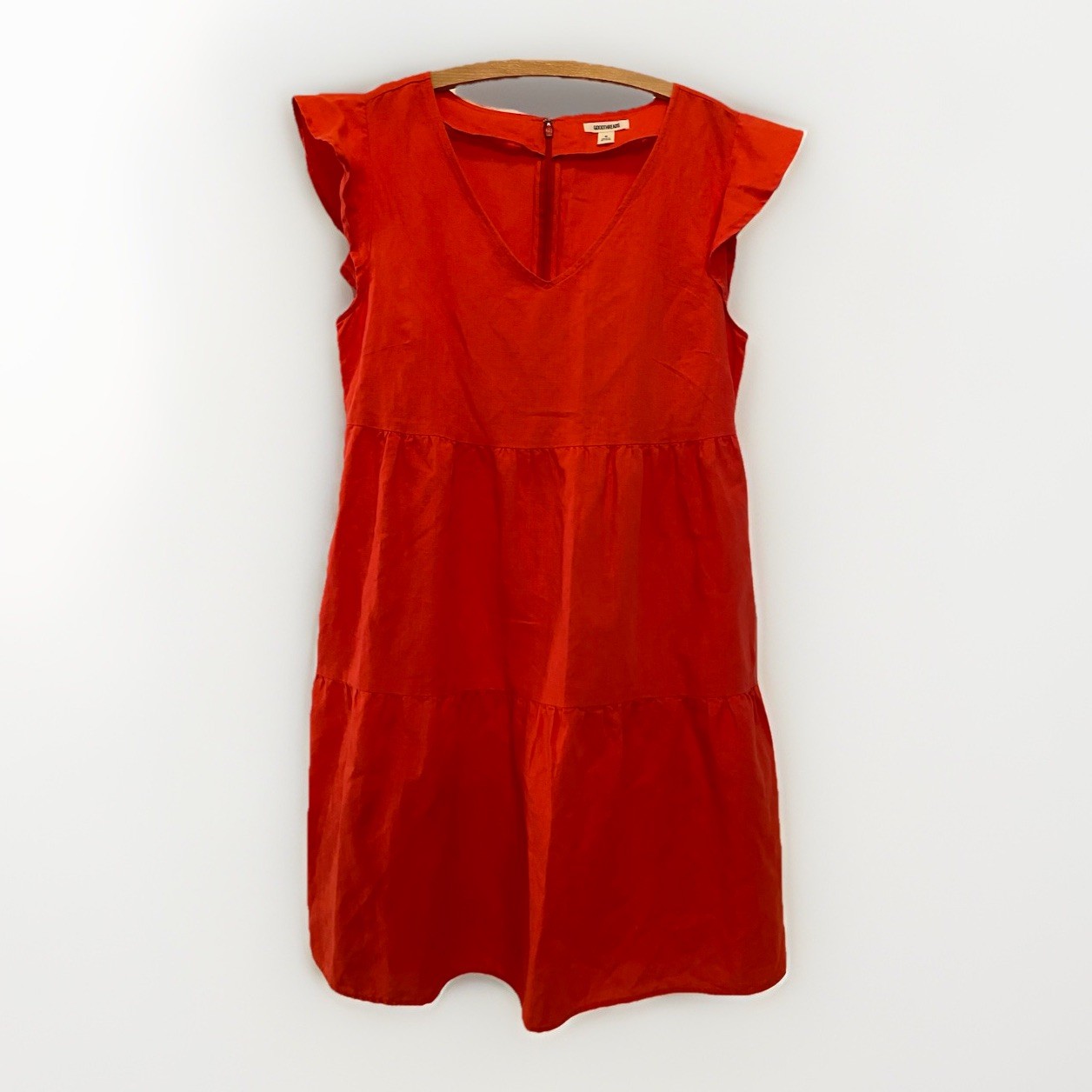 Goodthreads Linen Cotton Tiered Dress Women’s Medium Coral Red Flutter Sleeve
