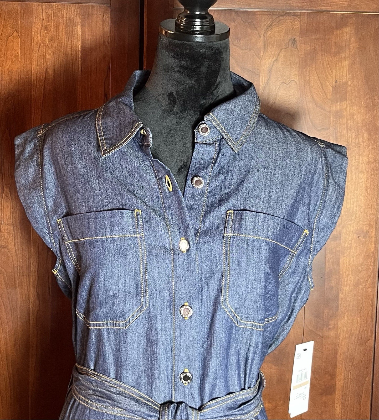 NWTS DKNY Cap Sleeve Cotton Blend Chambray Button up Shirtdress Tie Waist SZ. 12
