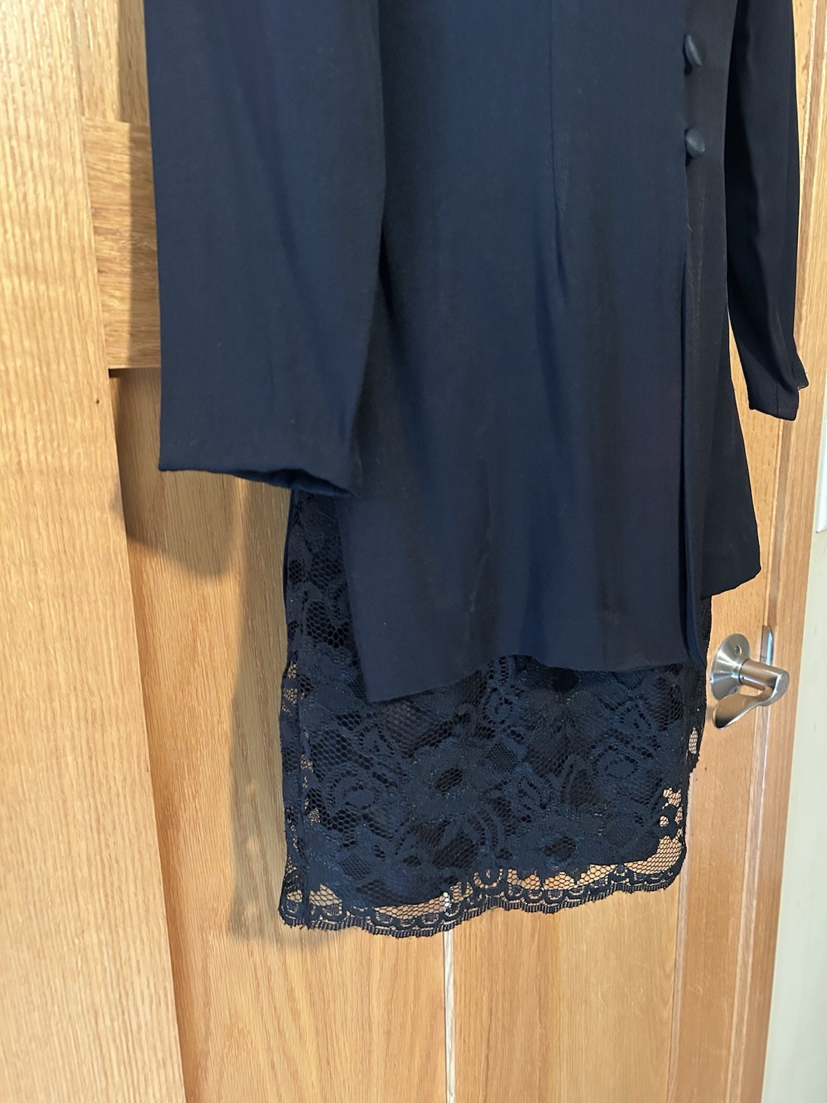 Vintage 90s Whimsigoth Black Structured Button Up Mini Dress With Lace Trim 4P
