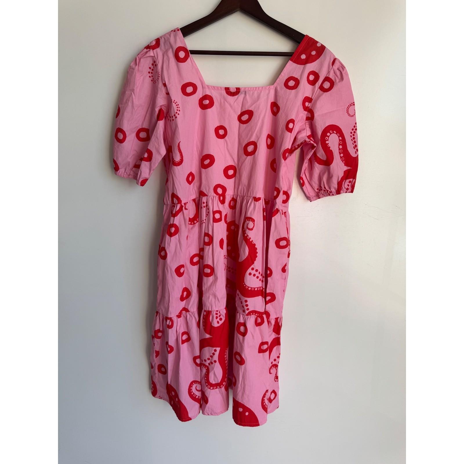 Maude Vivante Pink Red Octopus Molly Cotton Tiered Mini Dress XL Fit Flare Puff