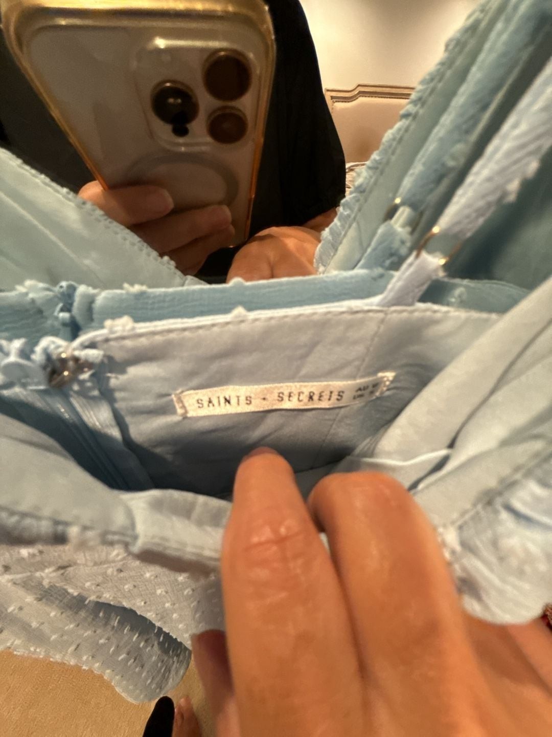 Saints + Secrets Baby Blue Swiss Dot Ruched Bust Mini Dress