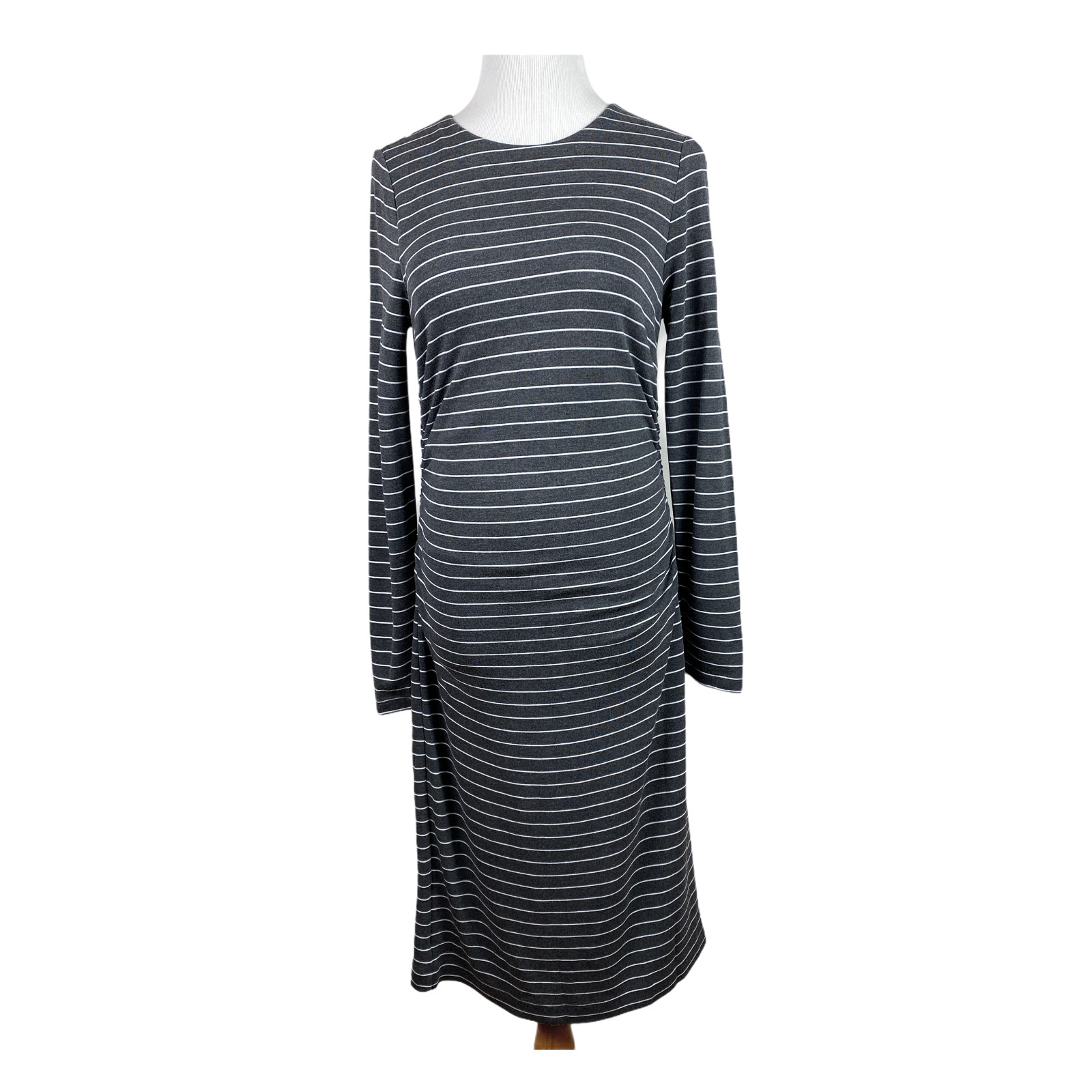 Ann Taylor Dress Small Gray White Stripe Sheath Ruched Waist Long Sleeve Career