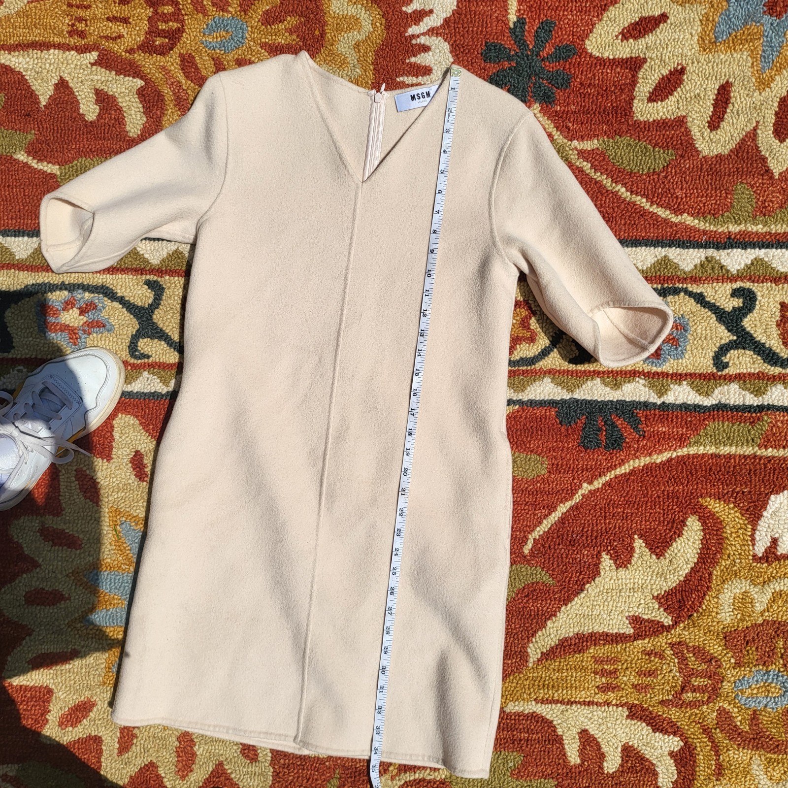 MSGM Beige Cashmere Wool Knit V-Neck 3/4 Sleeve Sheath Zip Back Dress 34