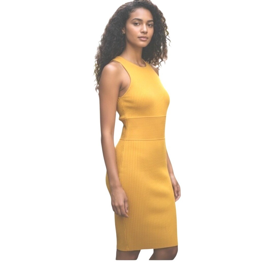House of Harlow 1960 Womens Ribbed Knit Bodycon Dress Mustard Yellow Size S