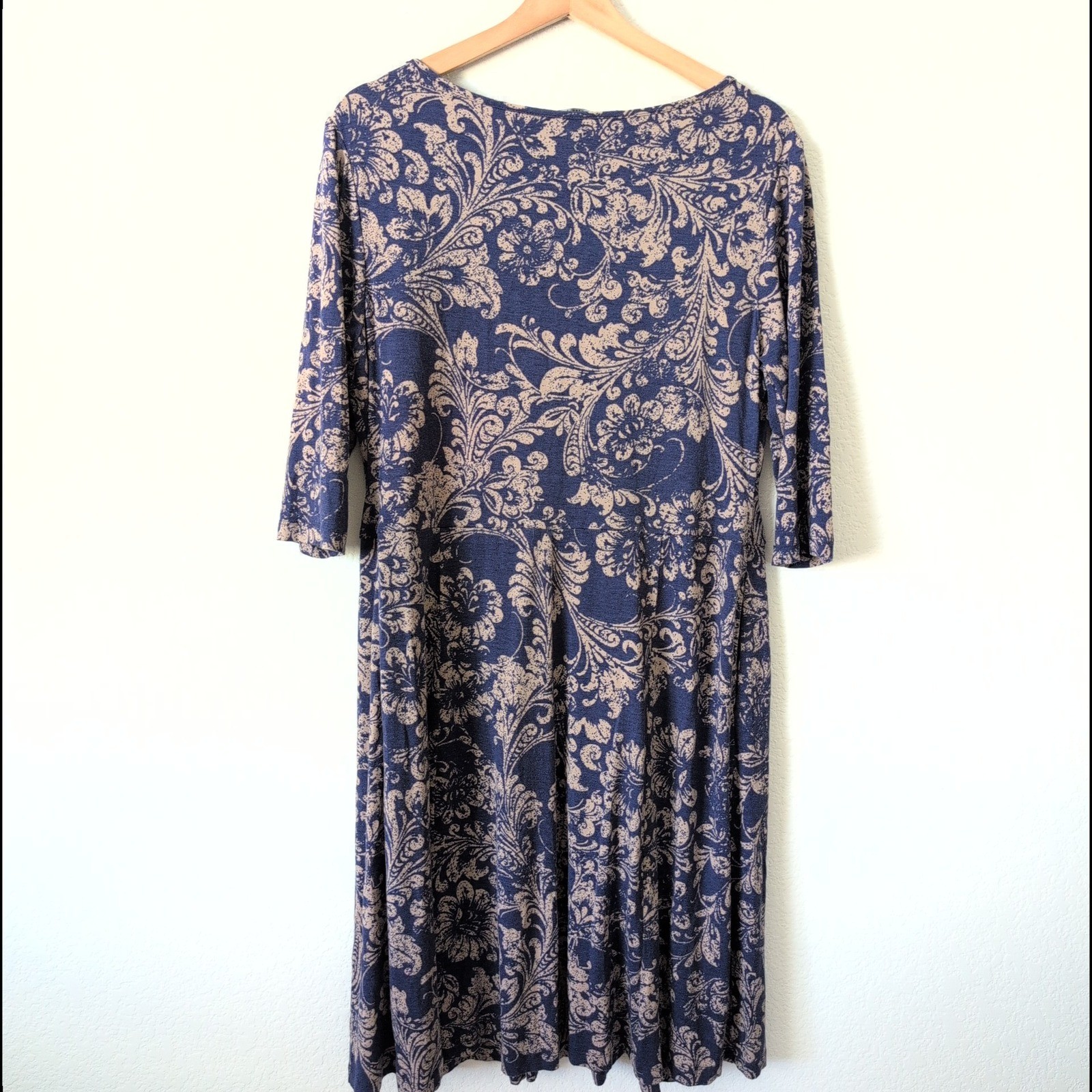 Peruvian Connection Navy Blue Tan Damask Floral 3/4 Sleeve Midi Dress Large