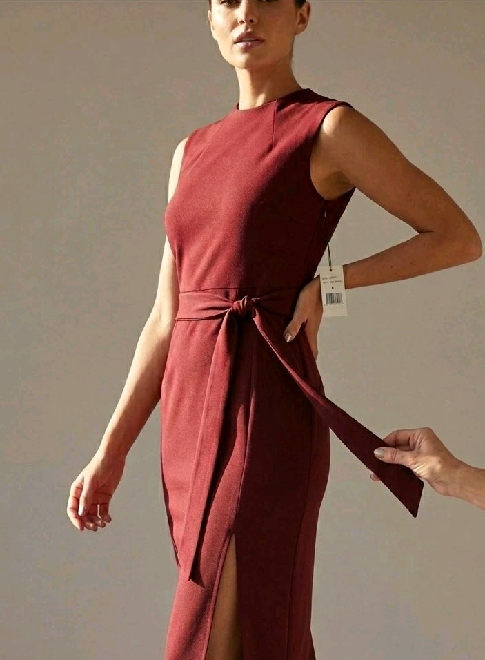 ALEXIA ADMOR Fara Dress 8 Red Maple Sleeveless Sheath Midi Tie Waist NWT