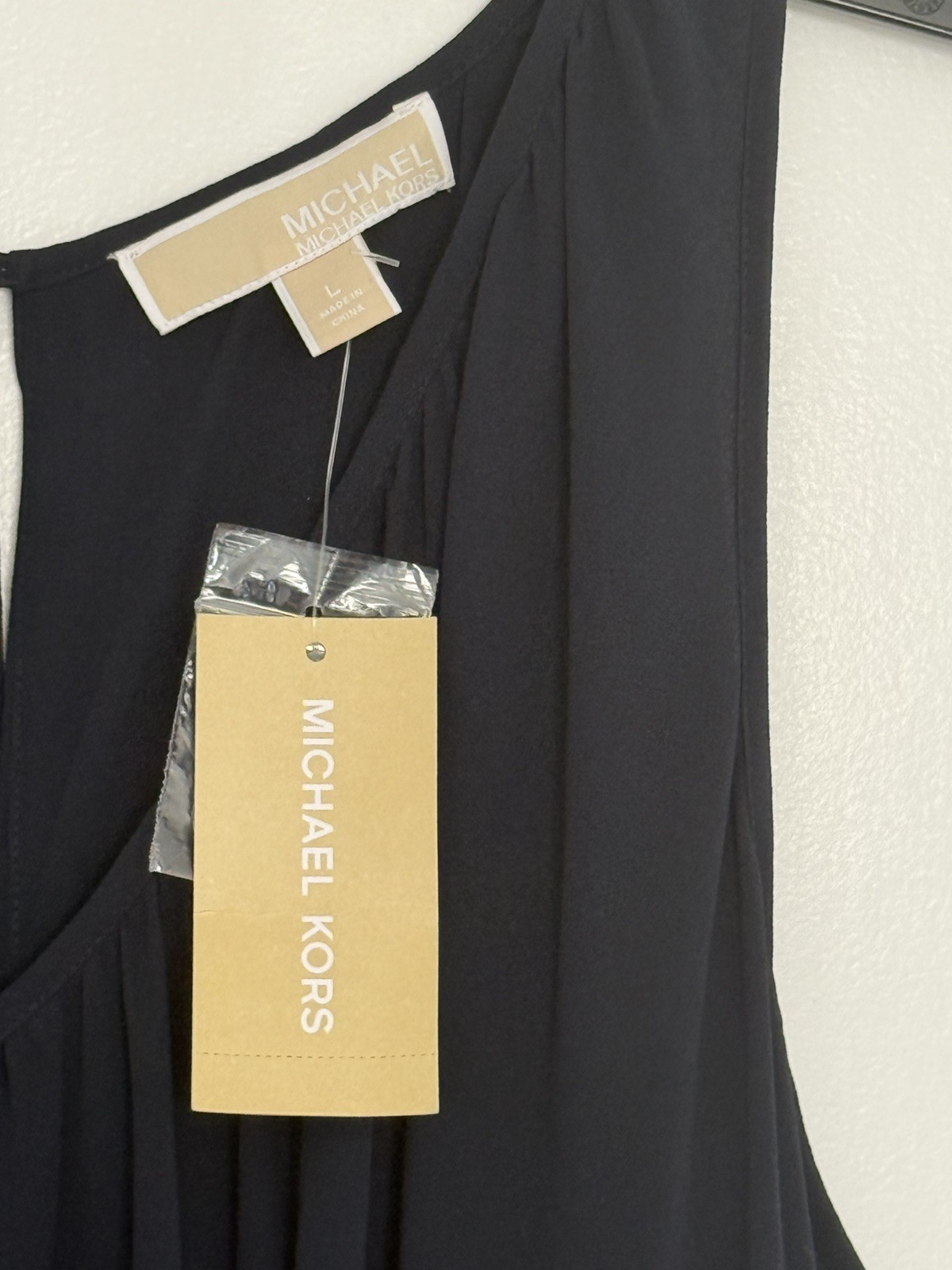 Michael Kors Navy Chiffon Sharkbite Hem V-Neck Midi Dress NWT Size Large