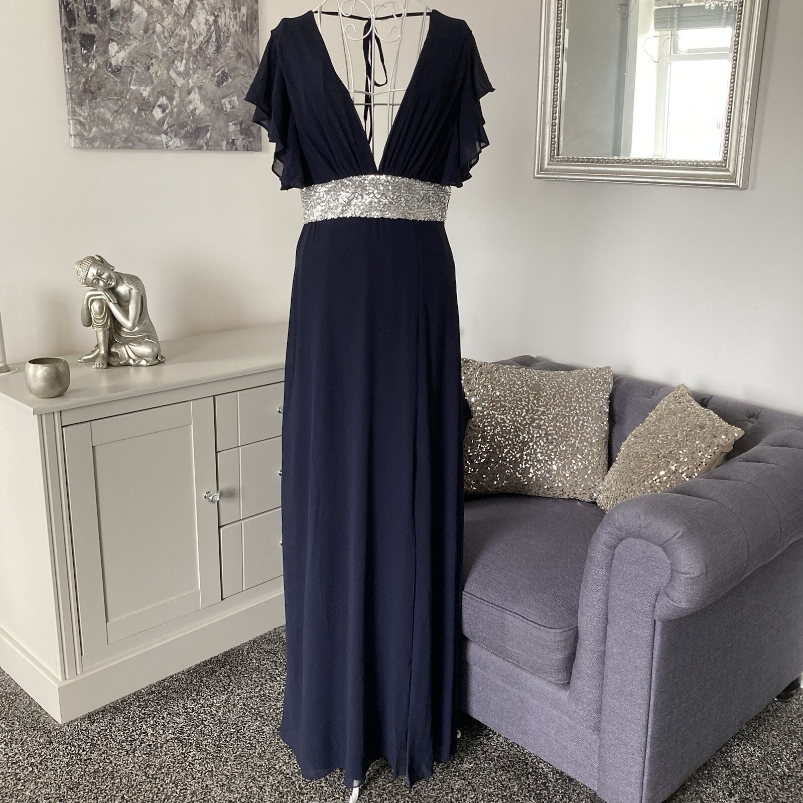 TFNC Navy Chiffon Low Plunge Angel Sleeve Sequin Waist Side Split Maxi Dress 10