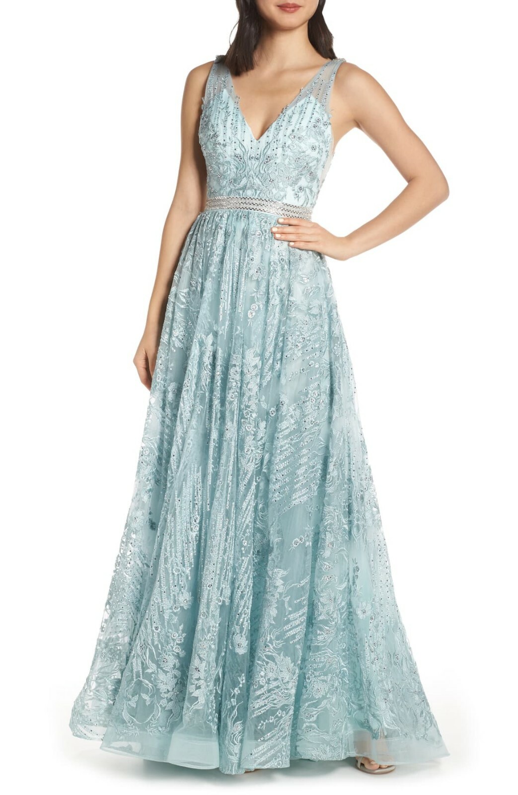 MAC DUGGAL Blue Green Beaded Embroidered Shimmer Chiffon Maxi Dress Gown 10 US