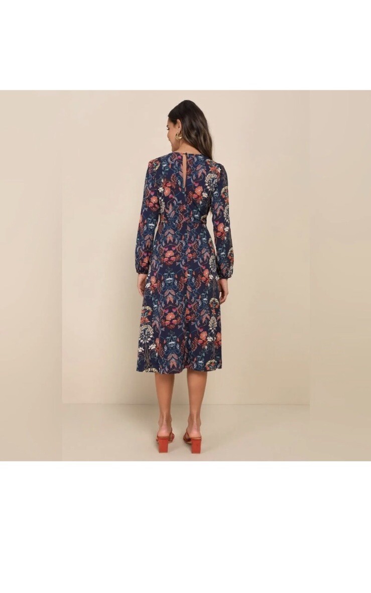 I. Madeline Garden Splendor Navy Blue Floral Print Long Sleeve Midi Dress M NWT