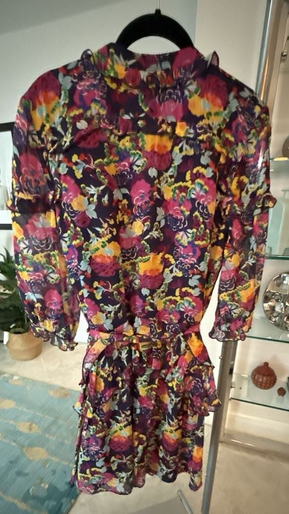 Saloni Floral Printed Silk Ruffle Mini Dress with Waist Tie US 2