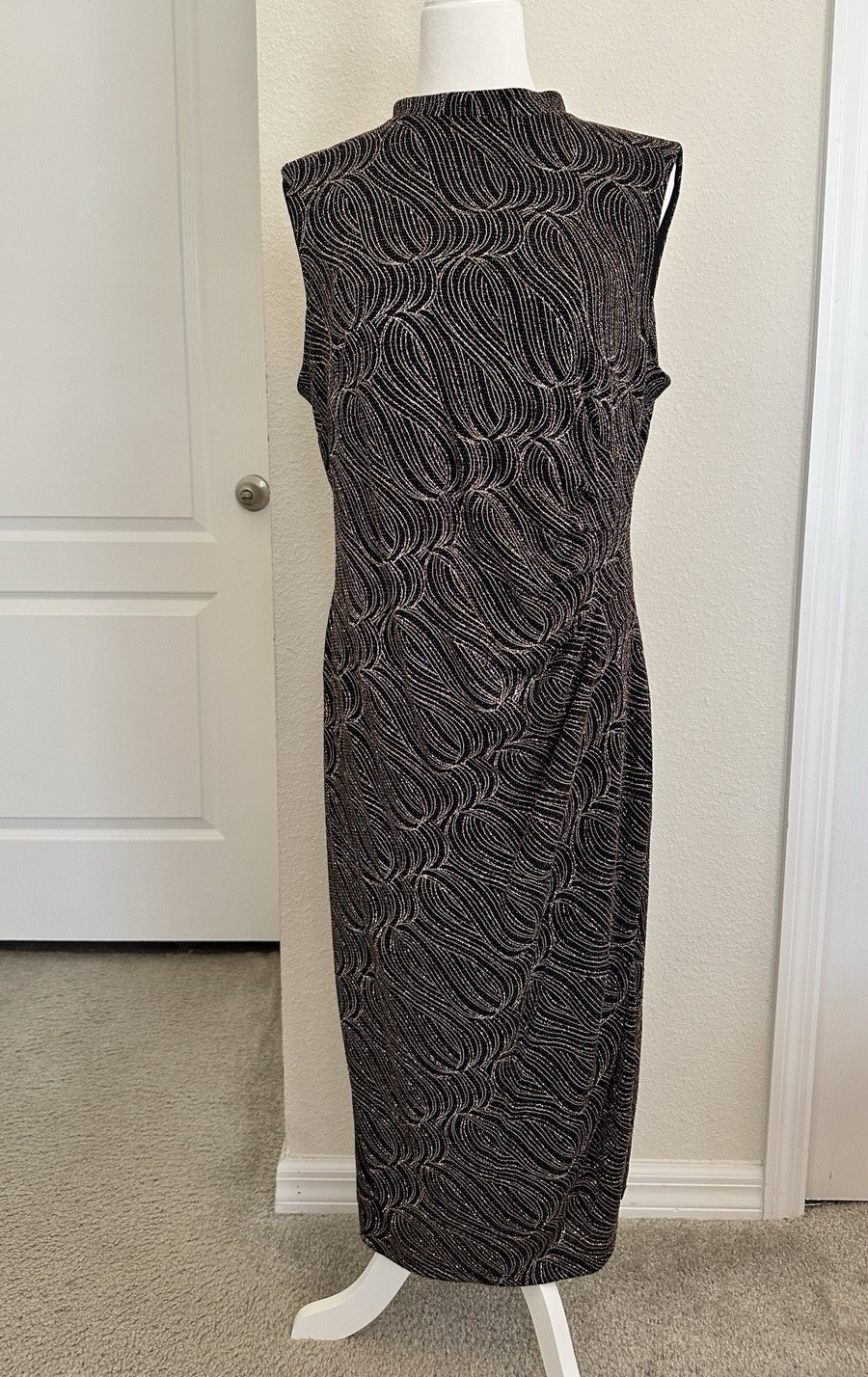 Anne Klein Black Geometric High Neck Sleeveless Midi Dress Size 14