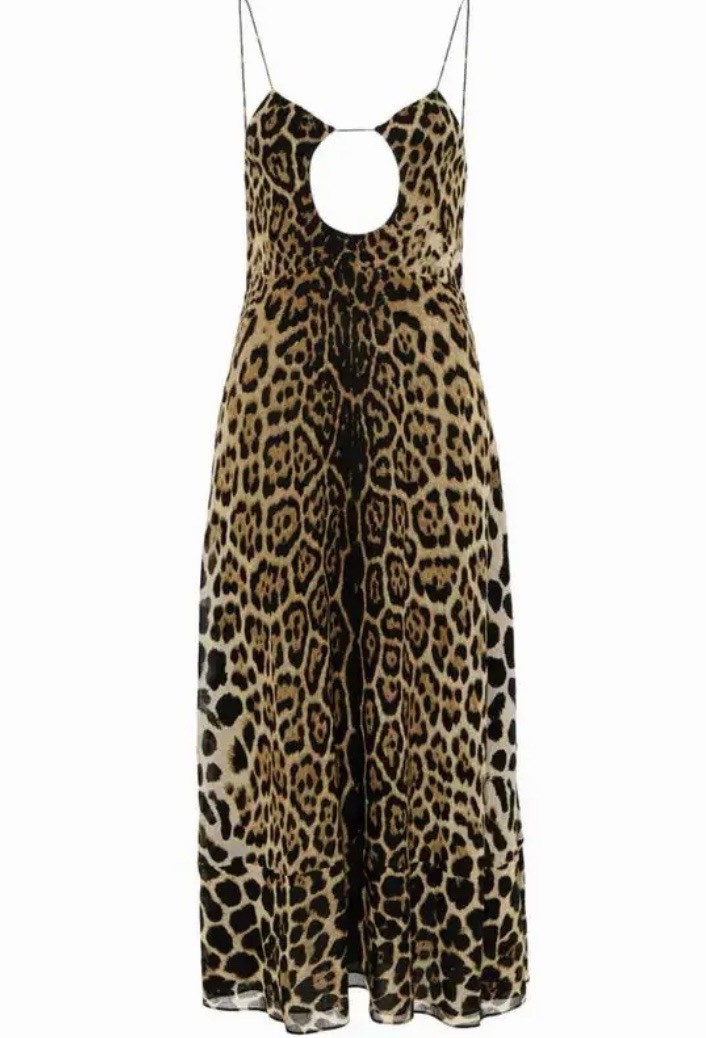 Saint Laurent Paris Brown/Black Leopard Print Silk Chiffon Cut-Out Slip Midi 42