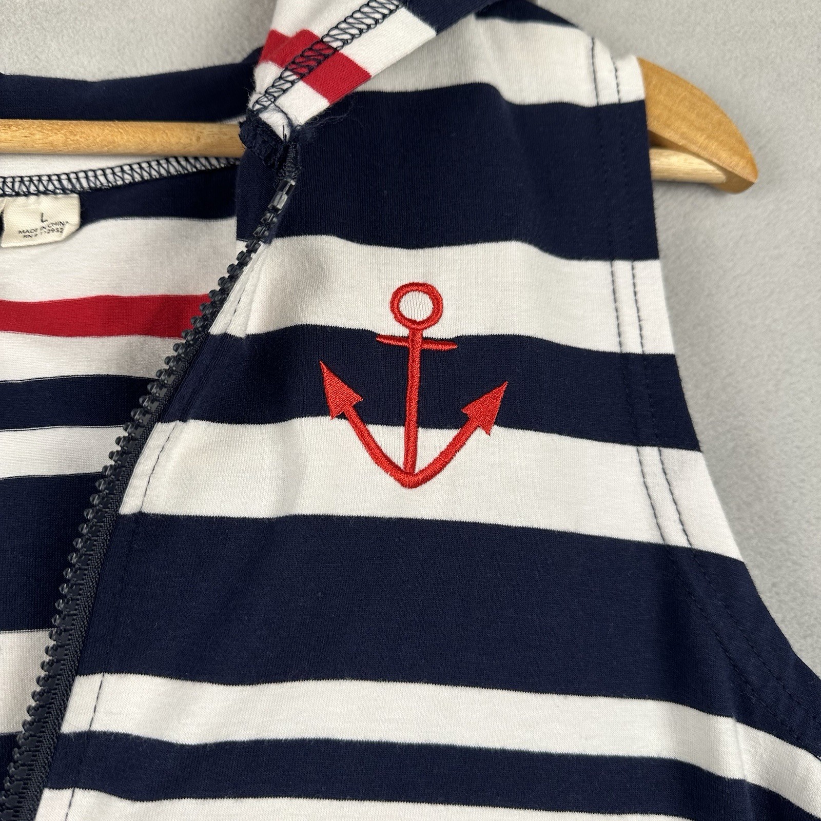 Beach by Exist Zip Hooded Nautical Stripe Dress Sz Lg Navy Cover Up Embroidered