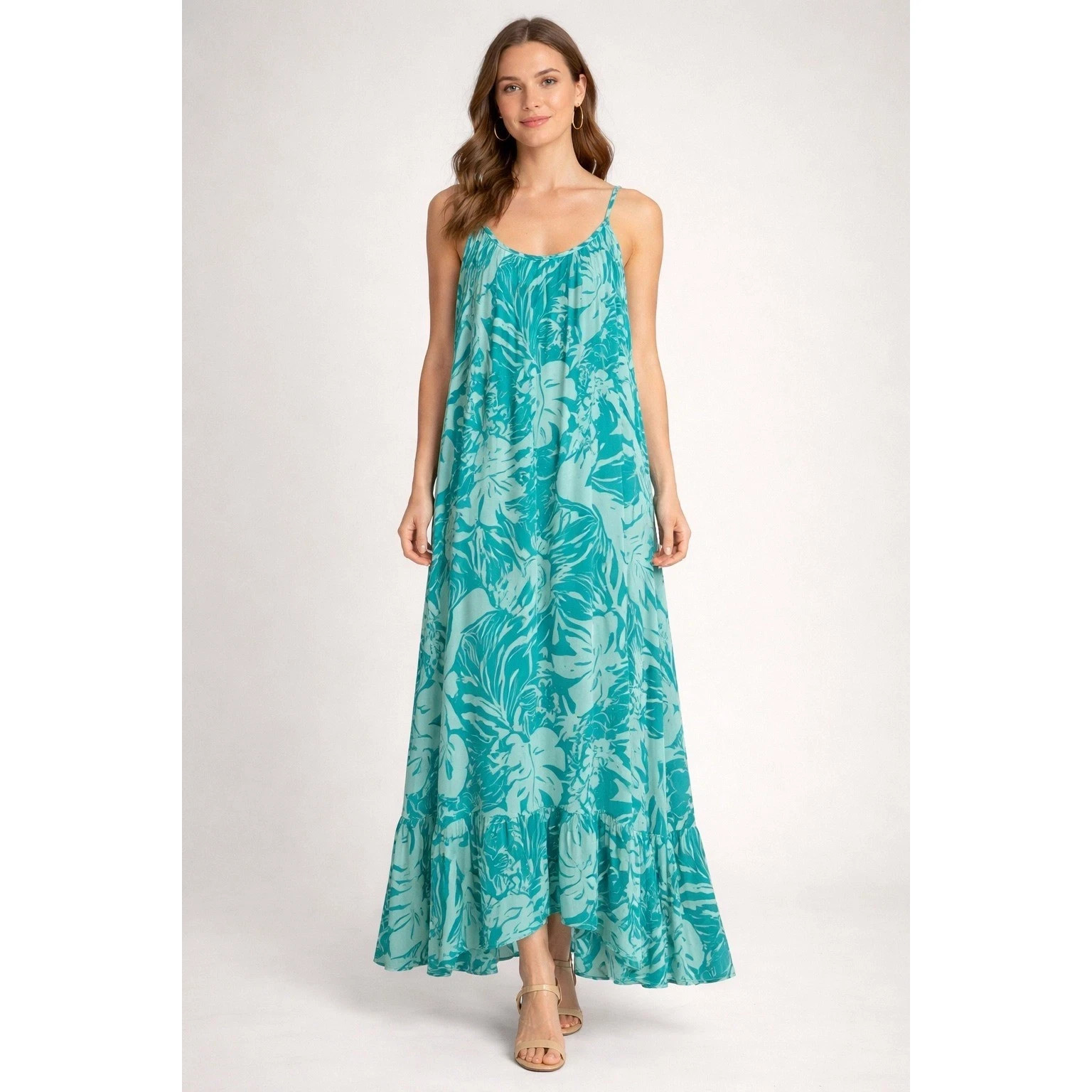 NWT True Destinations L Maxi Dress Teal Tropical Floral Braided Straps Ruffle