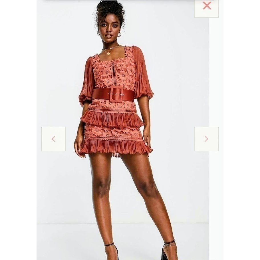 Designer Rust Floral Lace NO BELT NWT Pleated Ruffle Mini Dress Square Neck