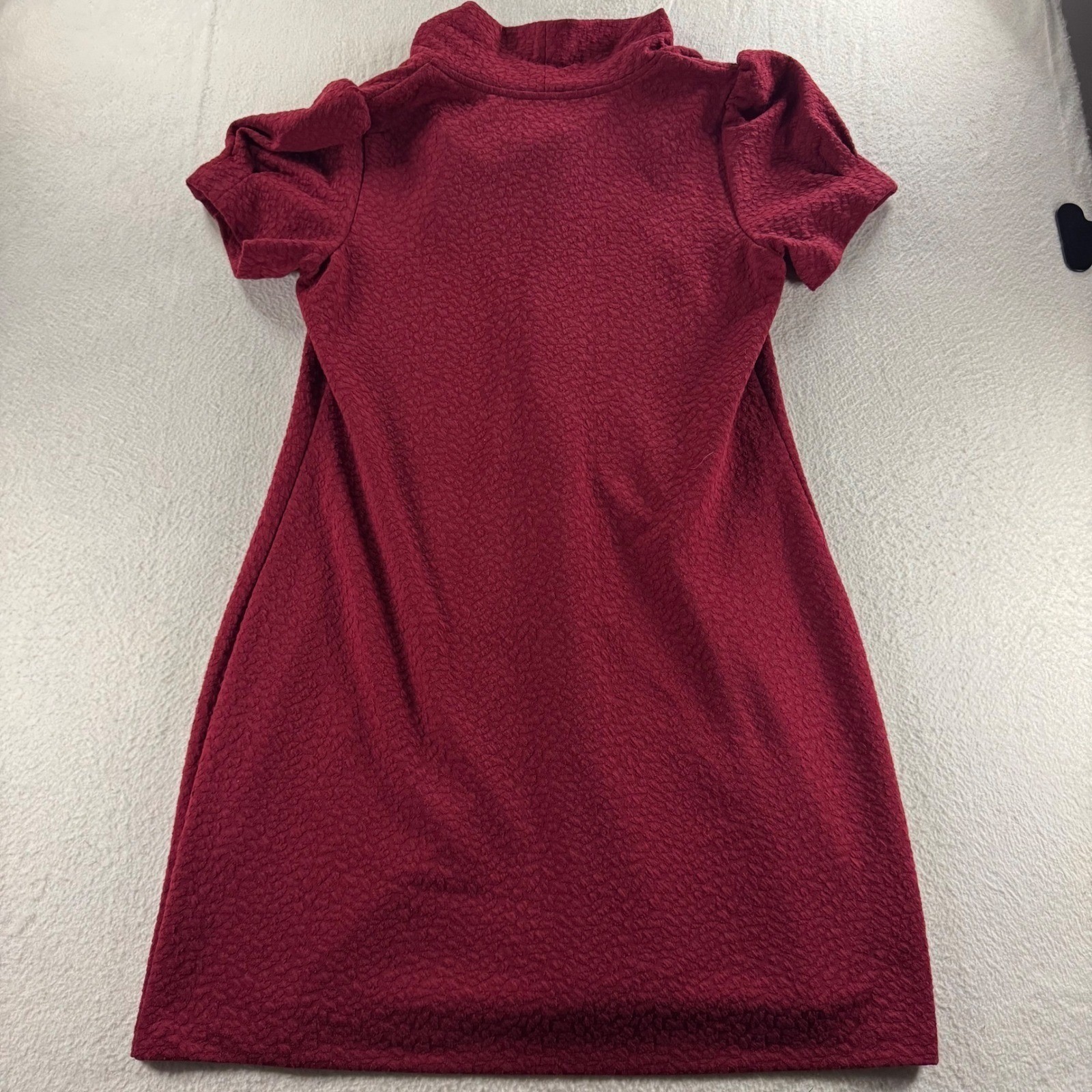 Burgundy Textured Cowl Neck Shift Dress Womens L Red Puff Sleeve Pintuck Exc