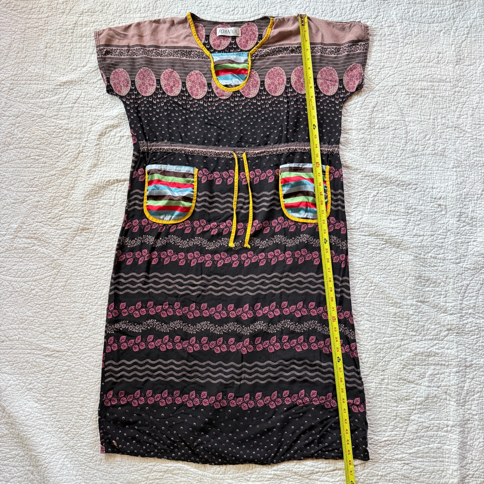 Joanna Black Patterned Patchwork Dress Pockets Colorful Trim XXL Earthy Boho 90s