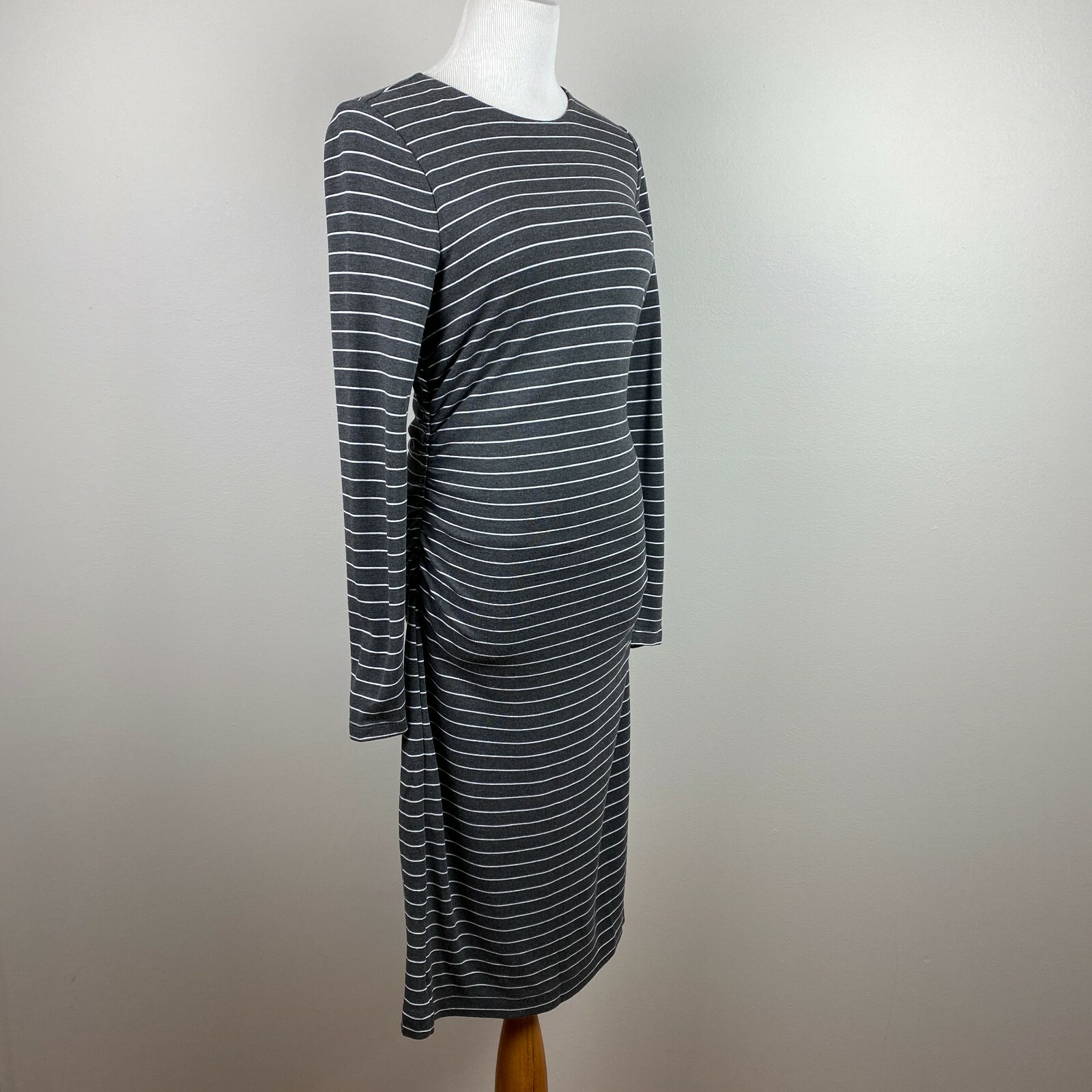 Ann Taylor Dress Small Gray White Stripe Sheath Ruched Waist Long Sleeve Career