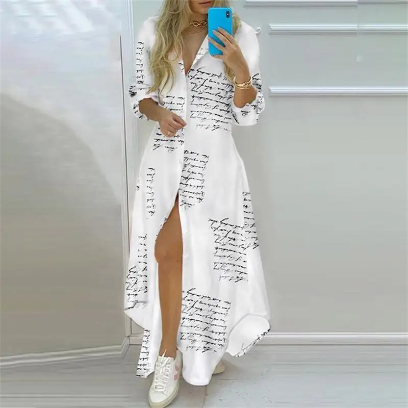 Summer Women Boho Printed Long Shirts Elegant Dress Turn-down Collar Long Sleeve