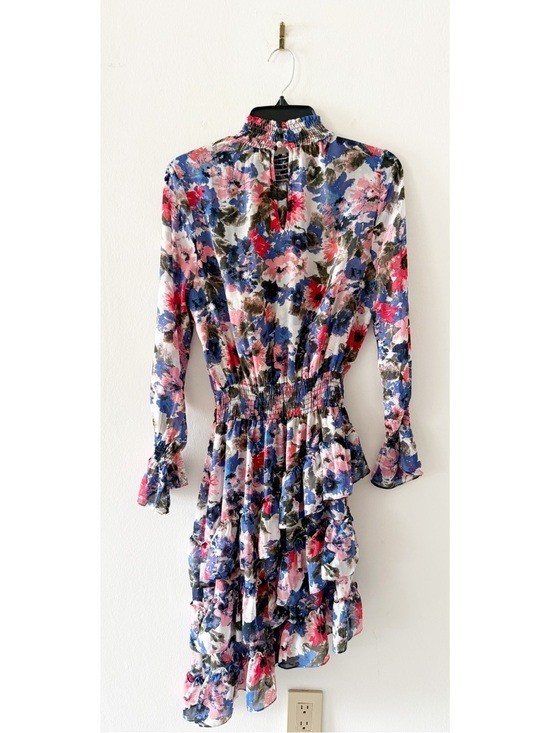 MISA Savannah Chiffon Floral Print High Low Long Sleeve Dress Size Small (S)