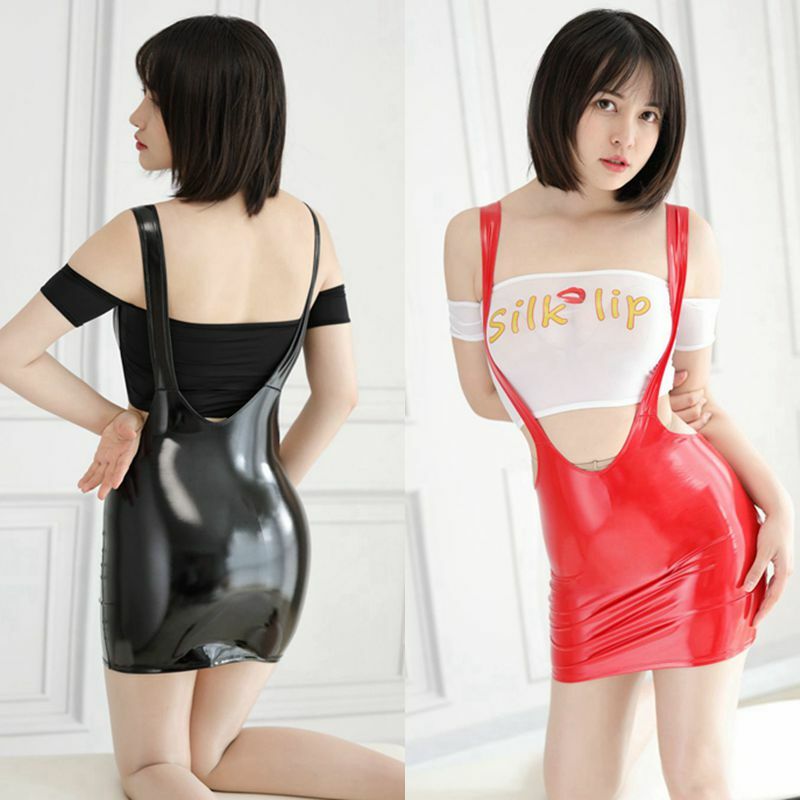 Lady Shiny Latex Leather Bodycon Dress TOP Mini Nightwear Lingerie Set Party NEW