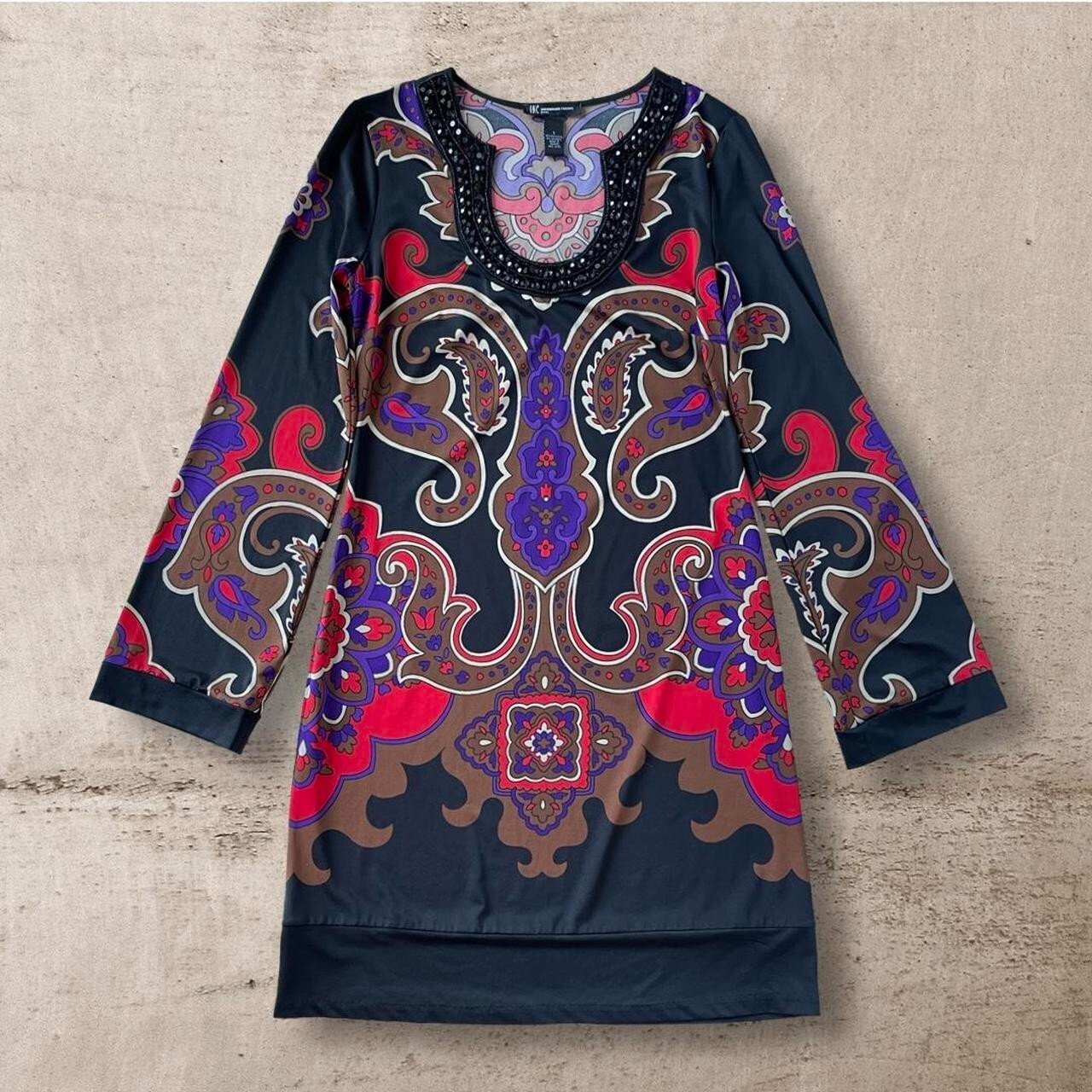 NWT INC Paisley Print Mini Dress Psychedelic Mod Boho Beaded Jewel Neck Size S