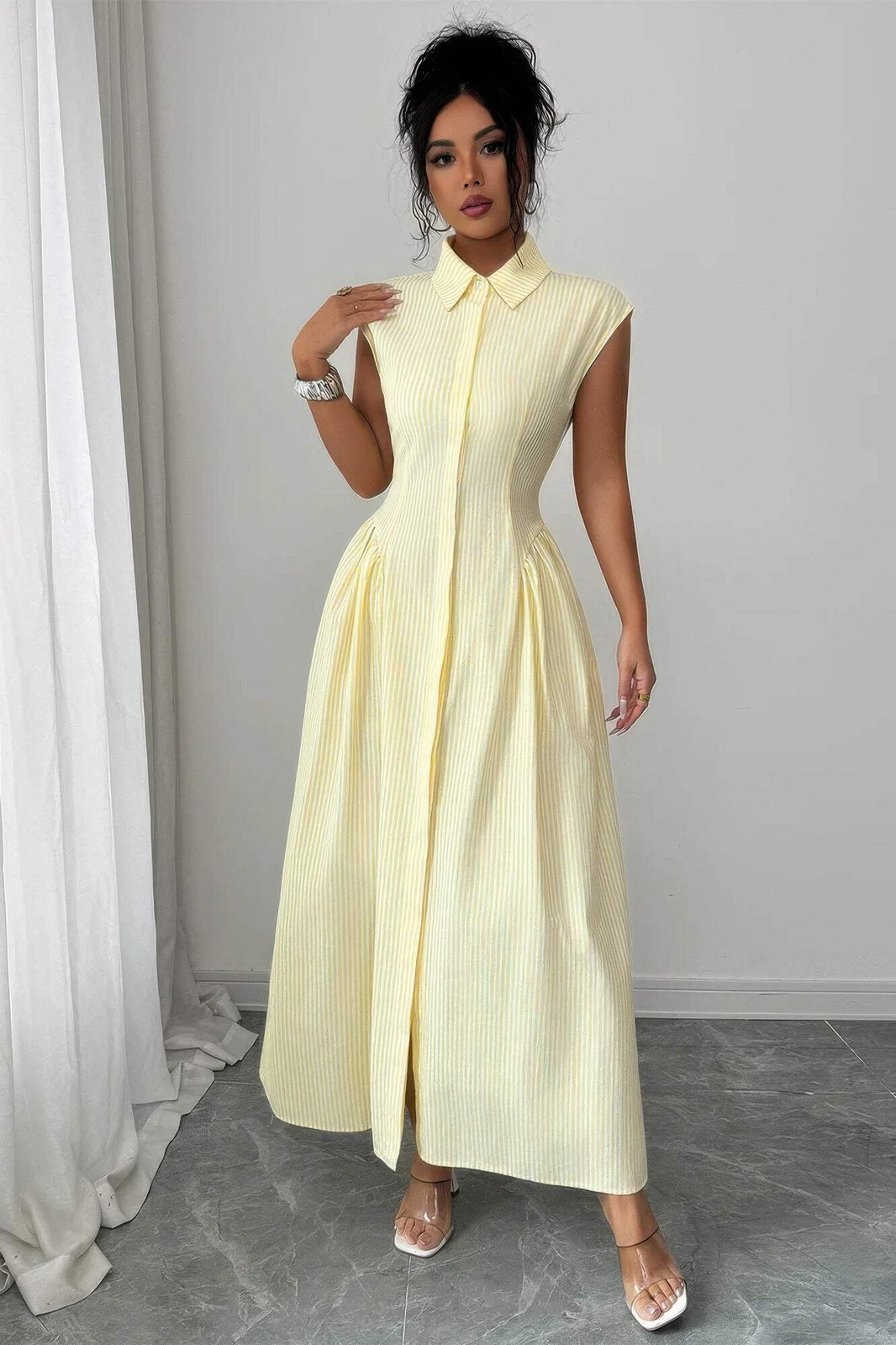 Women’s Yellow Collared Cap Sleeve Ruched Waist Striped Maxi Shirt Dress