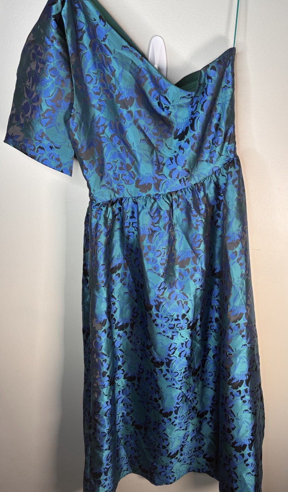 Sugarlips Blue Green Black Floral One Shoulder Satin Midi A-Line Dress S