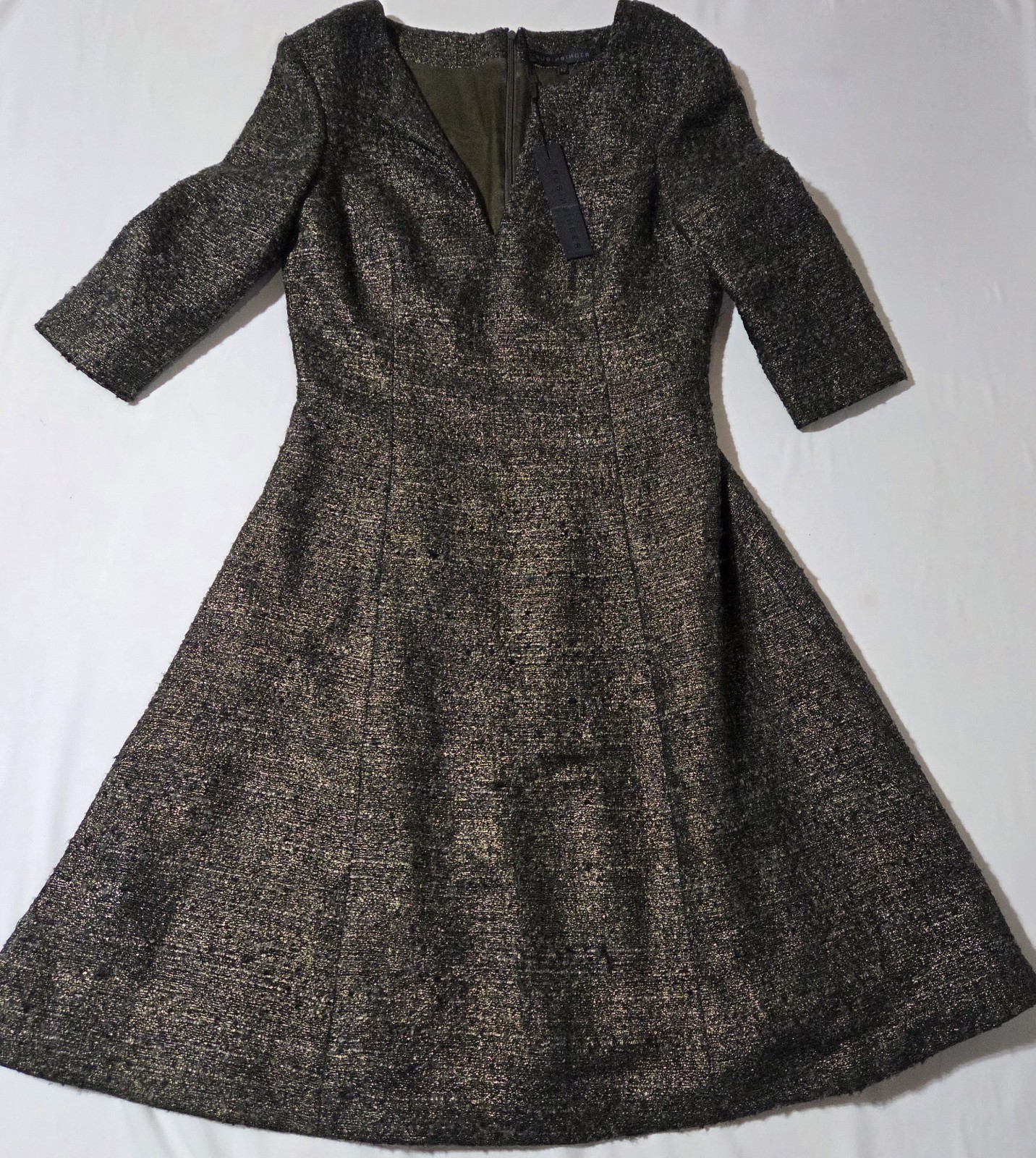 Rubin Singer Designer Metallic Olive Bronze Wool Blend Dress SZ 12 Neiman Marcus