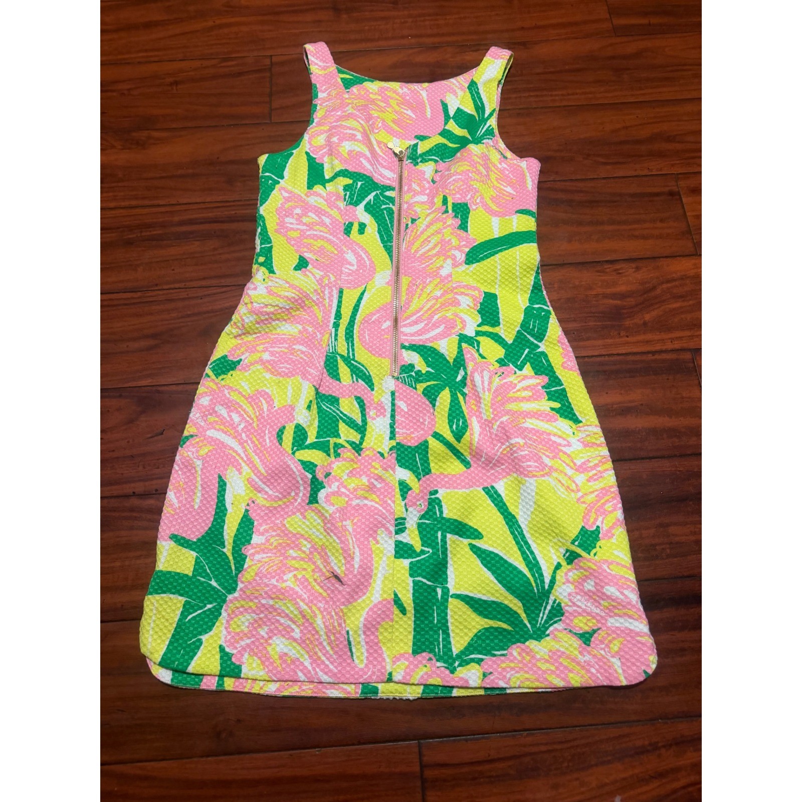 Lilly Pulitzer Flamingo Glee Shift Dress Pink Yellow Green Bamboo Lace Trim 33in