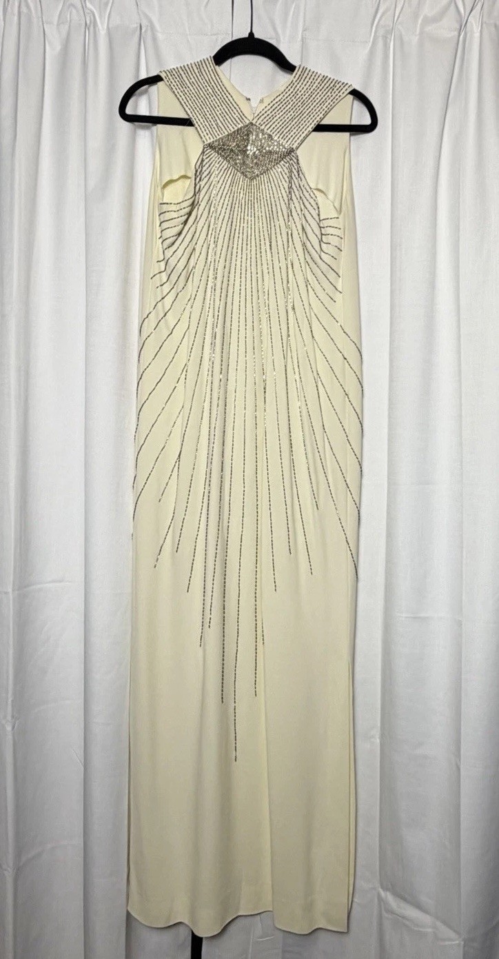 RARE VINTAGE Adele Simpson Egyptian Revival Sequin Cream Maxi Gown. Small.