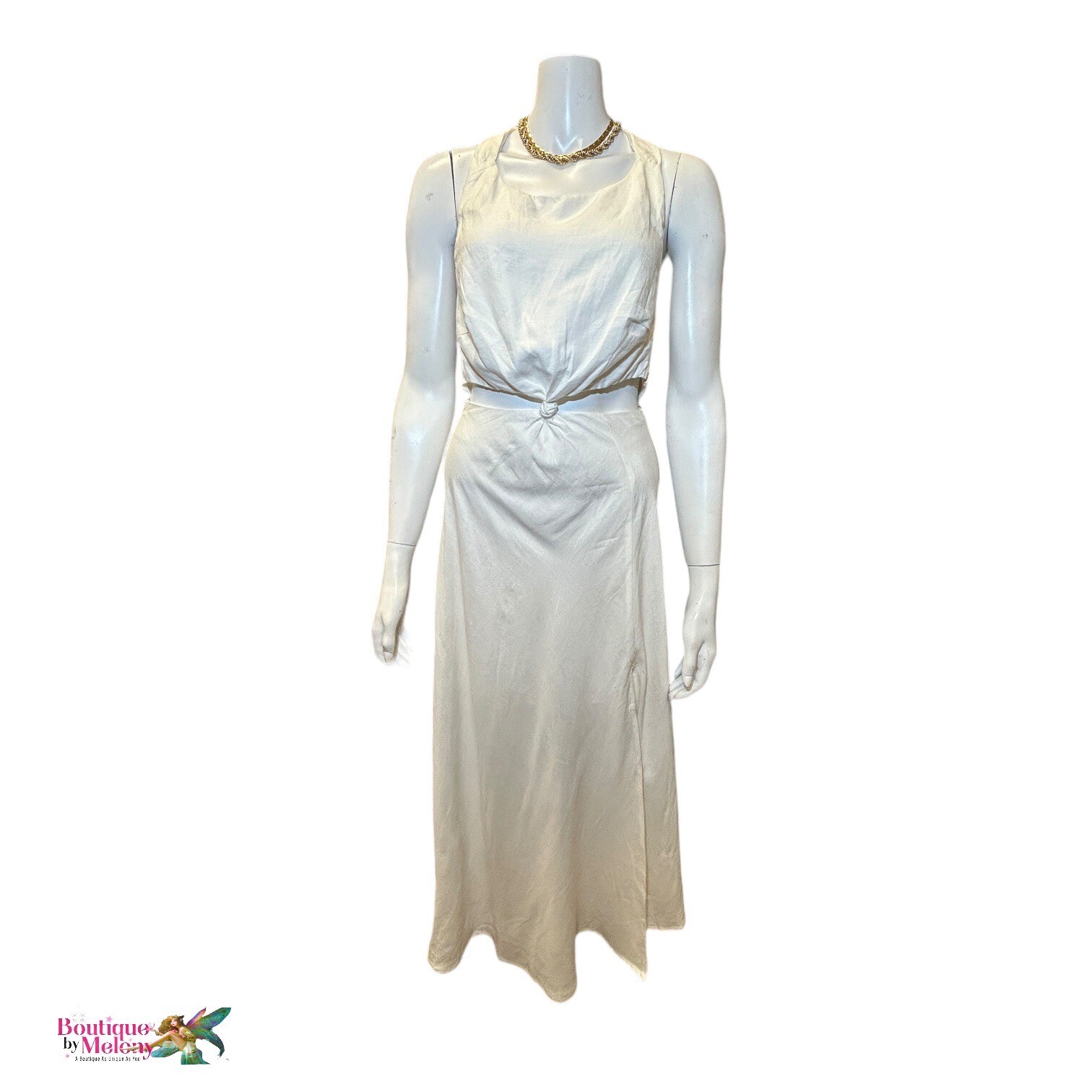 All About May White Linen Dress Cut Out Halter Lined Wedding Week Sz 4 US NEW
