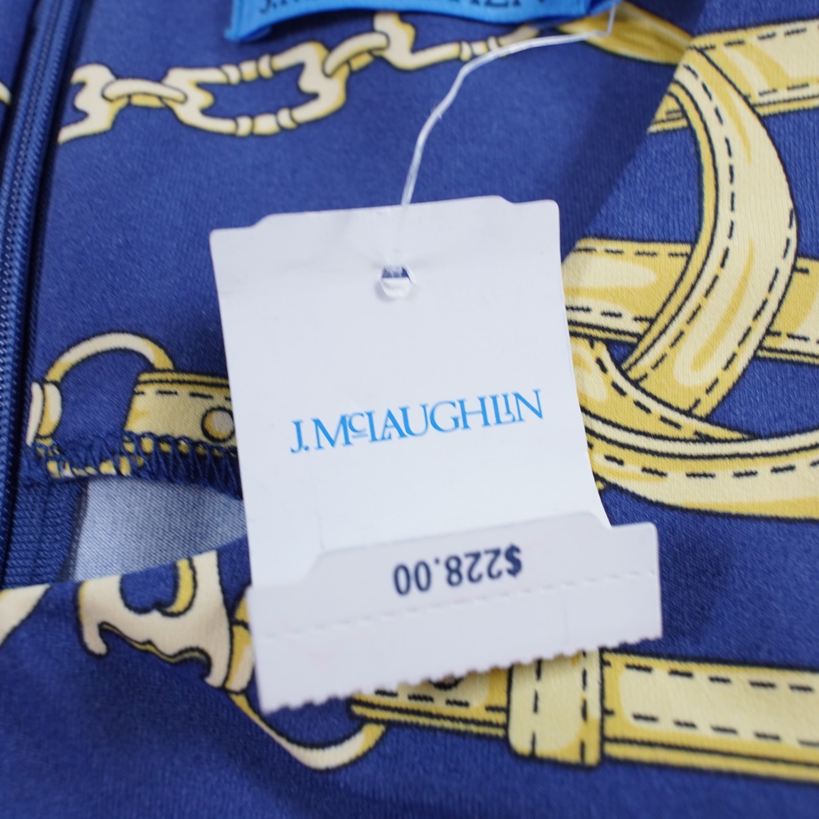 J McLaughlin Catalina Cloth Sofia Sheath Dress L Blue Chain Link Belt Print