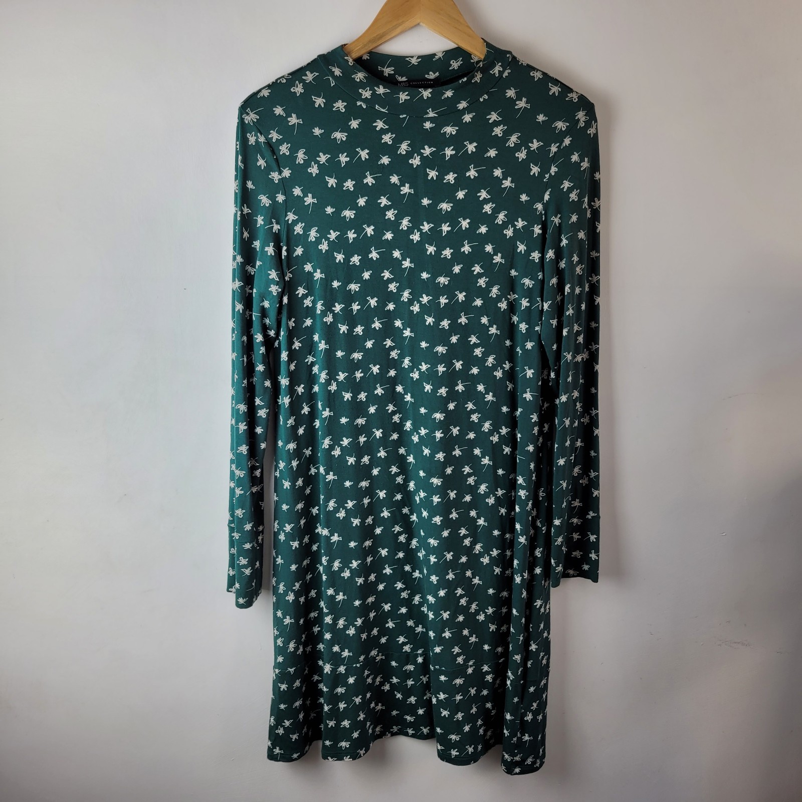M&S Women Size 12 Green White Floral Print Stretch T-shirt Dress Casual Smart