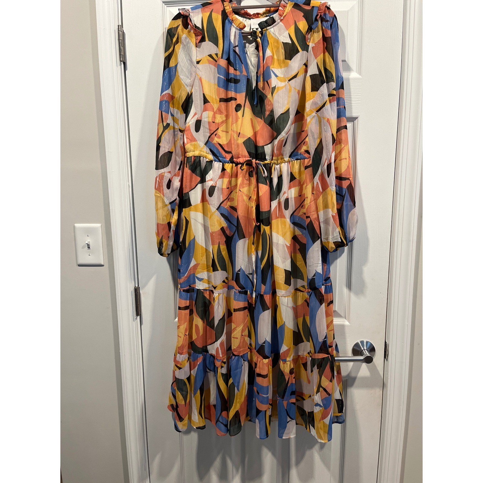 Sugarlips Abstract Botanical Metallic Stripe Tiered Midi Dress Multicolor Medium