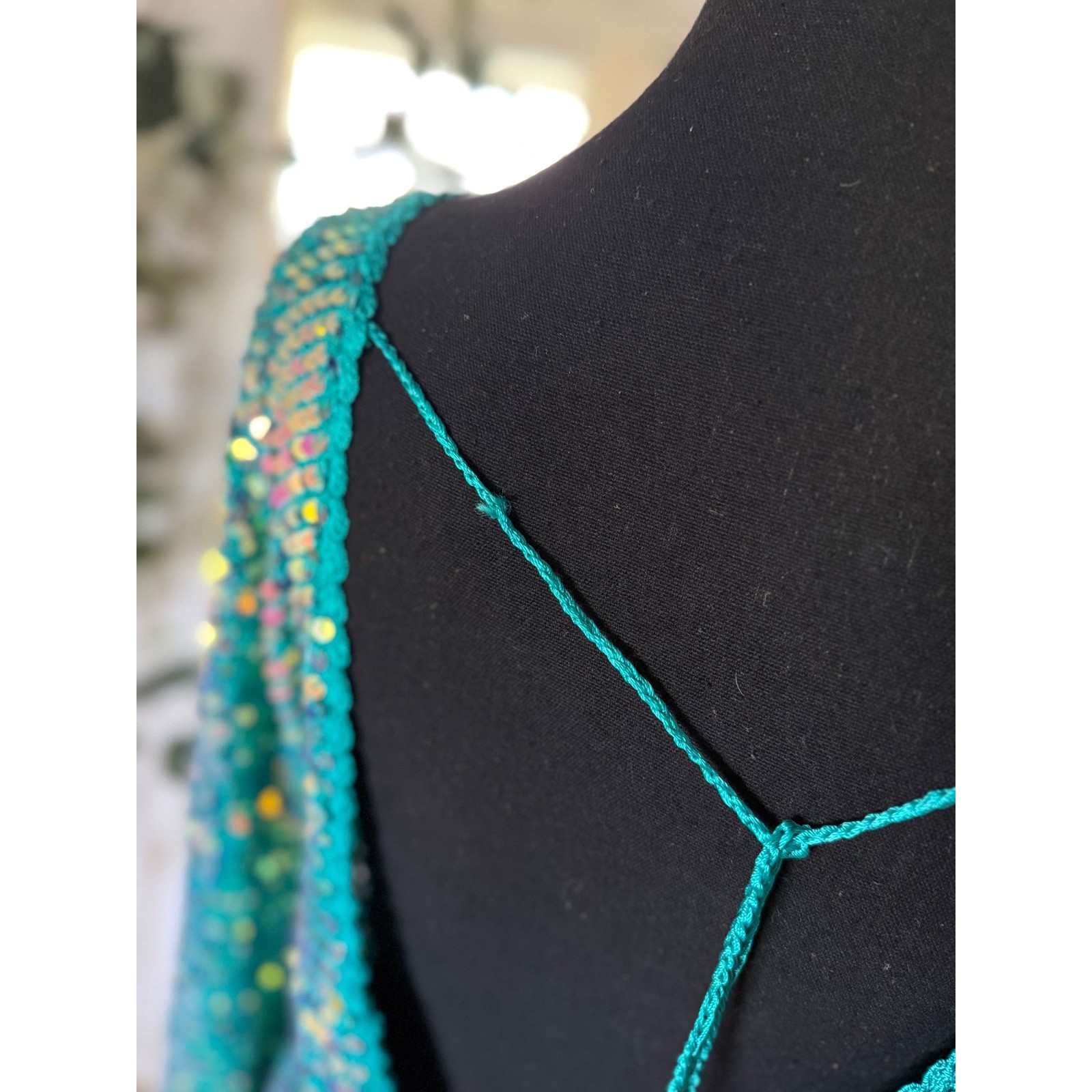 Retrofête Teal Sequin Crochet Mini Dress Open Back Iridescent Green M/L
