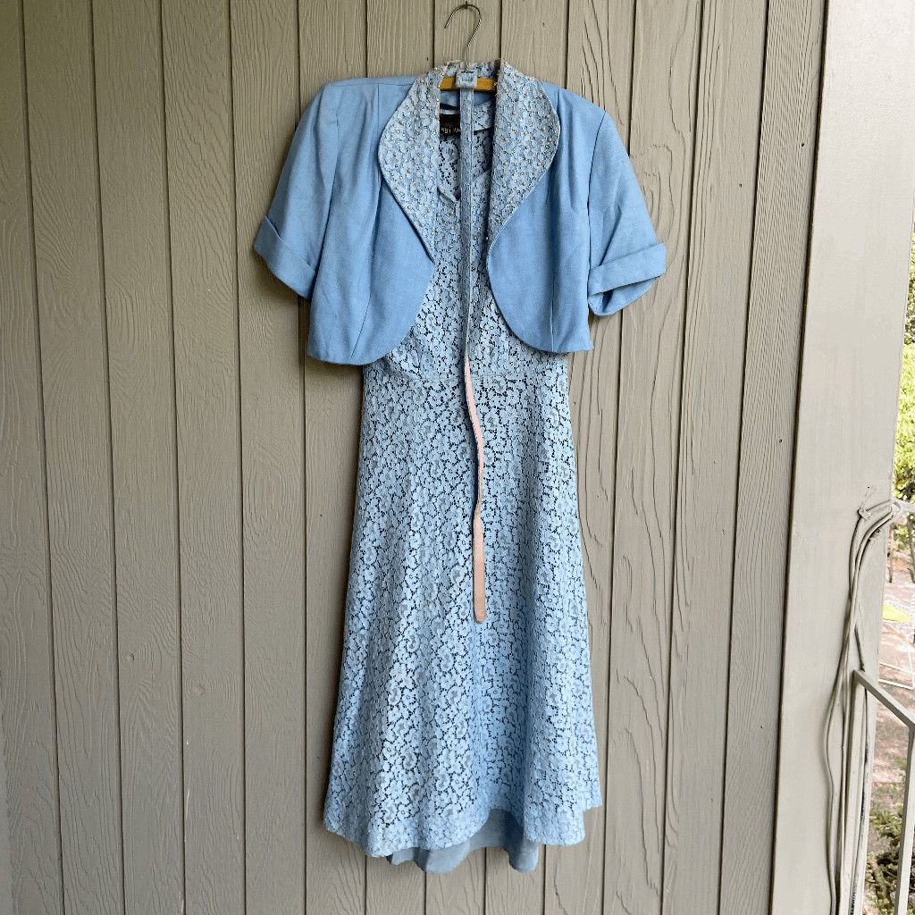 Authentic 1940s/1950s 4-piece Dusty Blue Lace Dress Set Bolero Jacket – SZ M