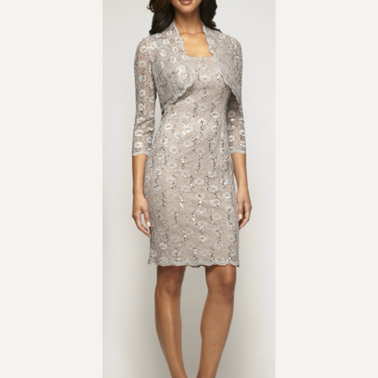 Alex Evenings Champagne Lace Sequin Two Piece Jacket Sleeveless Dress Size 8P