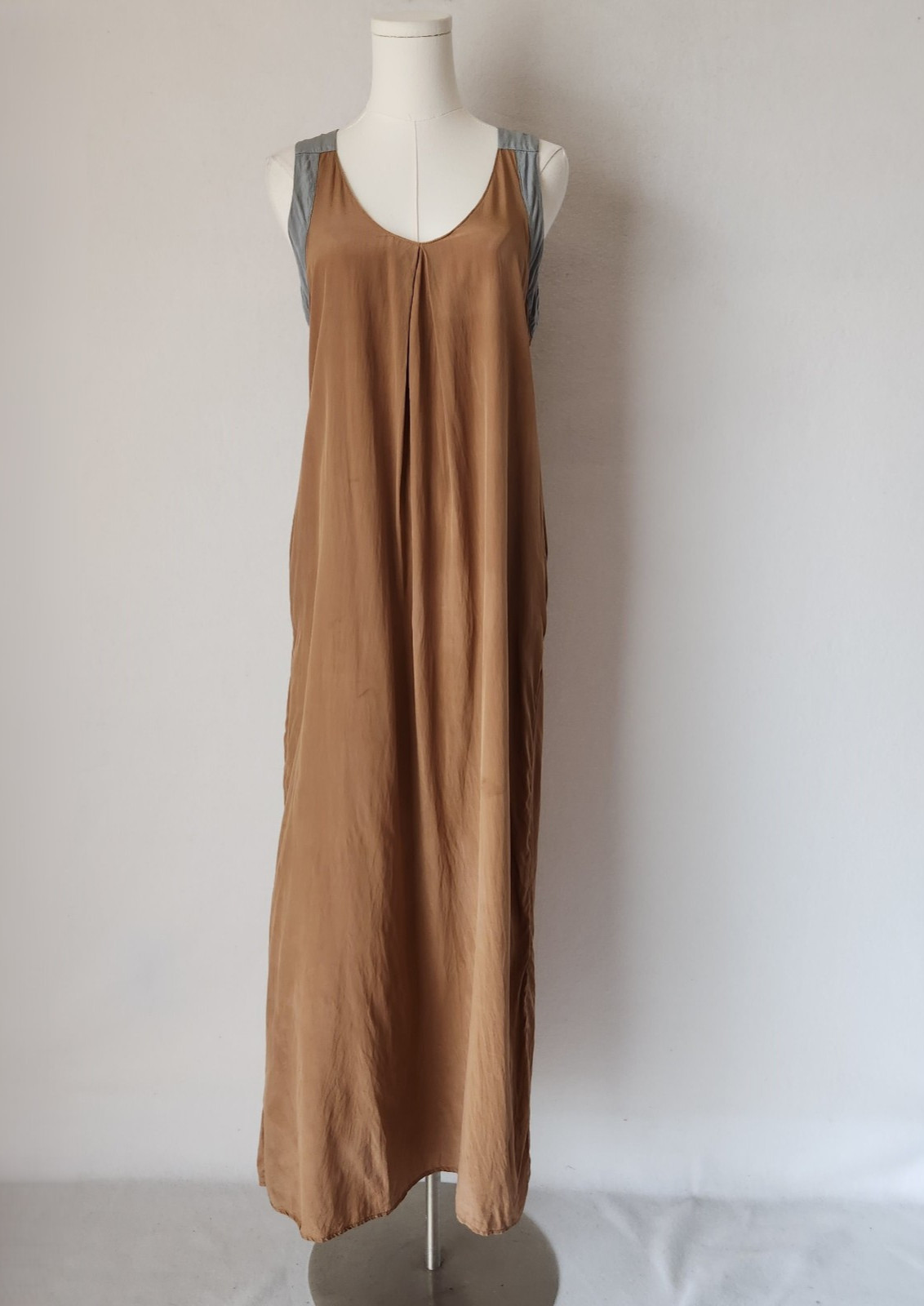 No. 6 Store Silk Maxi Dress Sleeveless Pocket Brown Grey Women’s S/M (Bust 36″)